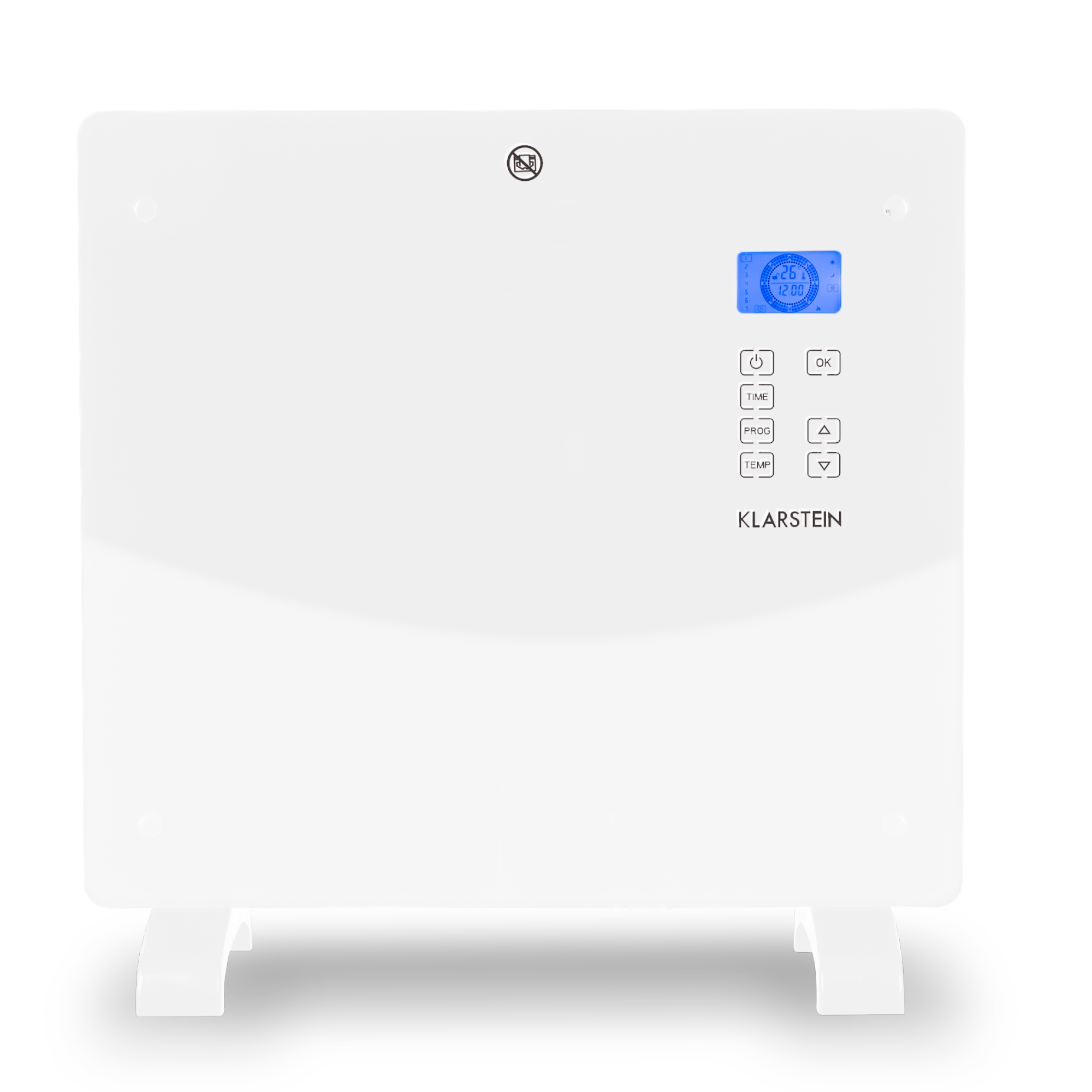 Un calefactor eléctrico blanco con pantalla digital que muestra hora y temperatura, con botones de control y soporte.