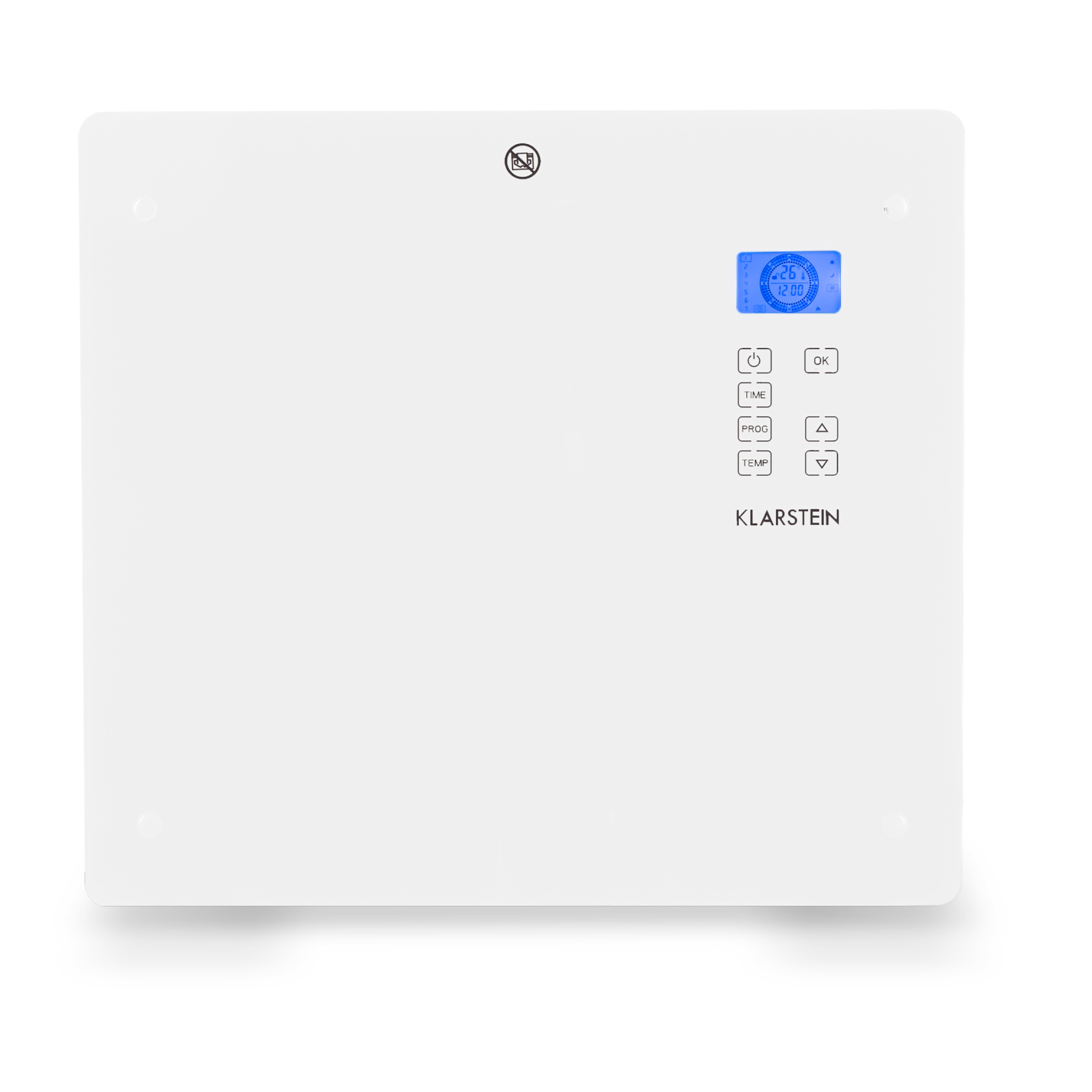 Calentador eléctrico blanco con pantalla digital azul que muestra temperatura y hora, botones de control visibles debajo.