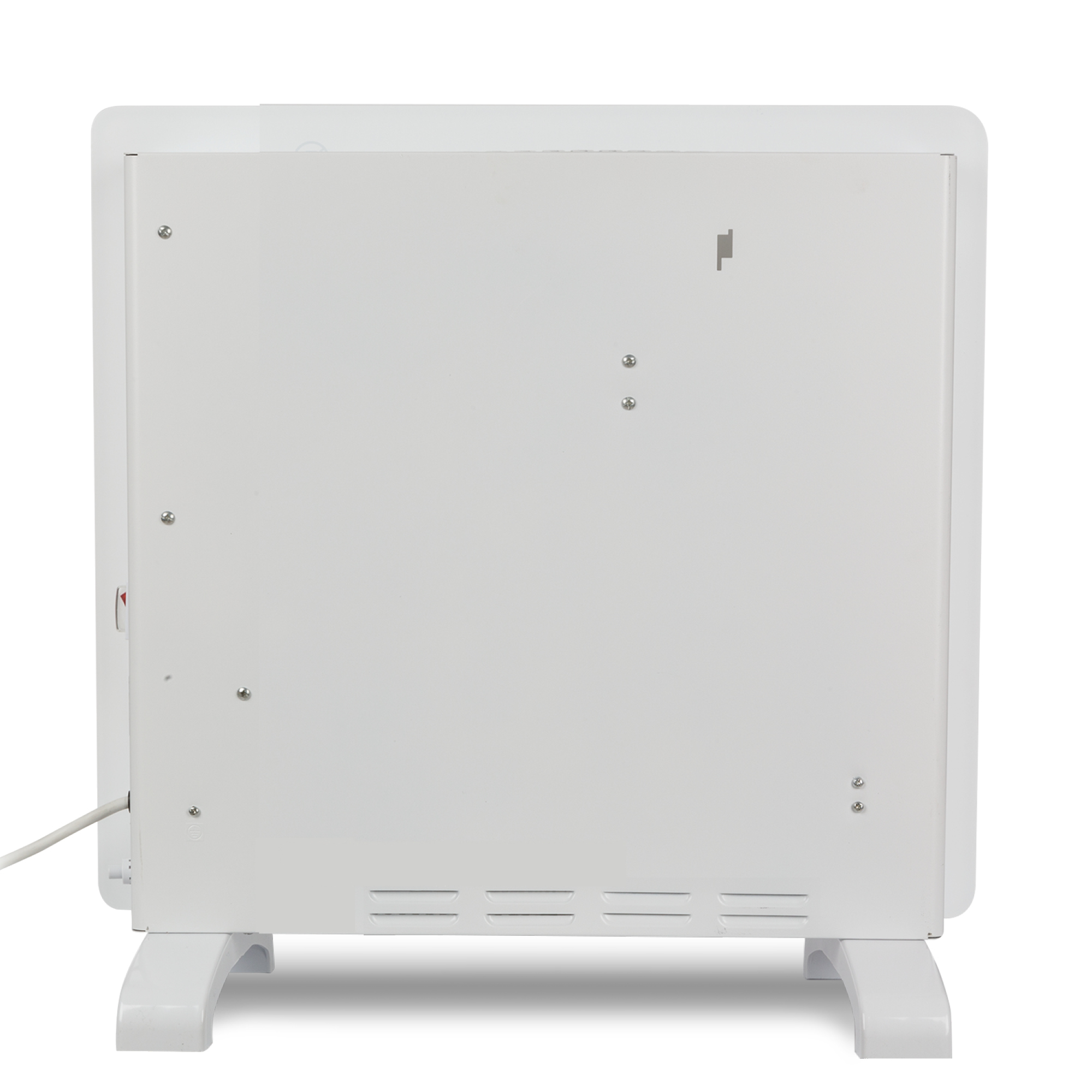 Vista trasera de un calefactor eléctrico blanco. Tiene cable de alimentación, rejillas y un soporte. Se ven tornillos.