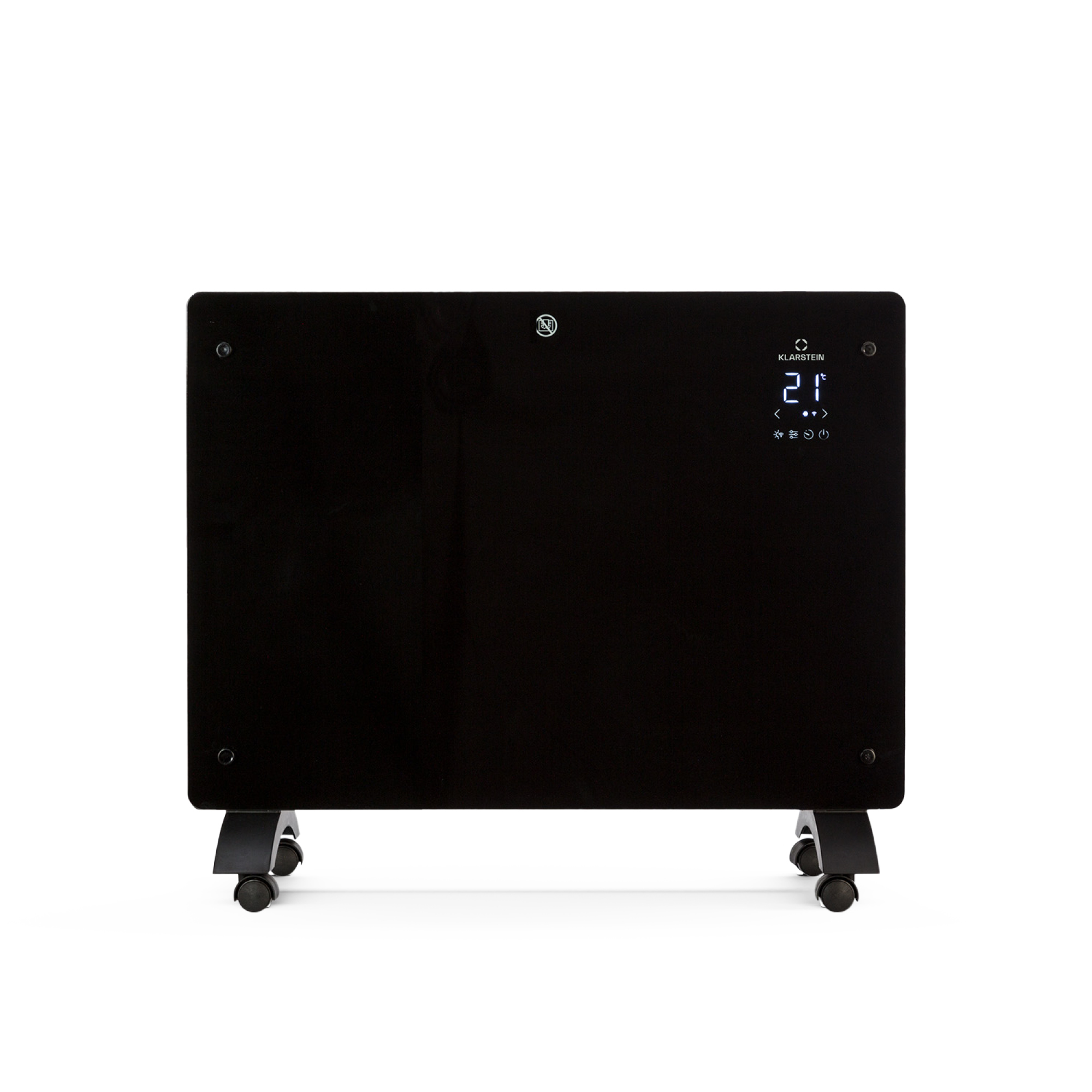 Termoventilatore elettrico Klarstein nero con display digitale che mostra 21 gradi, su piccole ruote. Isolato su sfondo bianco.