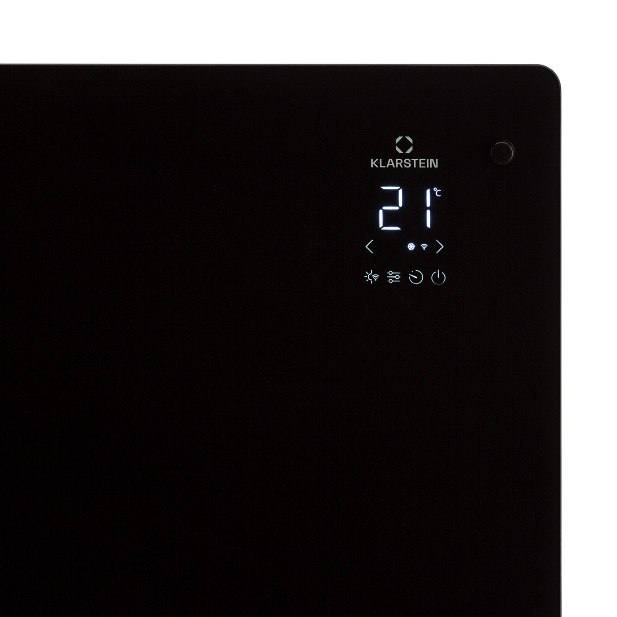 Pannello nero con display digitale che mostra 21°C. Presenta il logo Klarstein e icone di controllo.