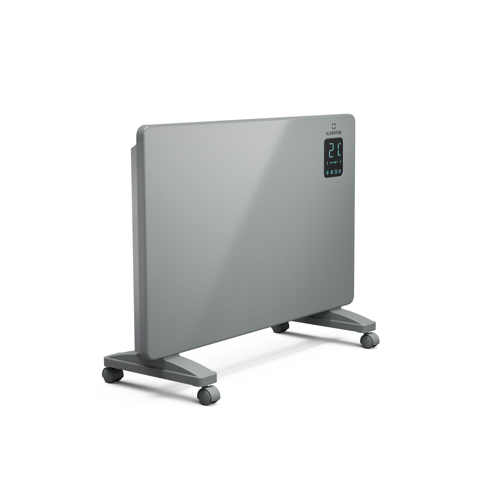 Un calefactor eléctrico gris con pantalla digital de temperatura, montado sobre ruedas. El fondo es blanco.