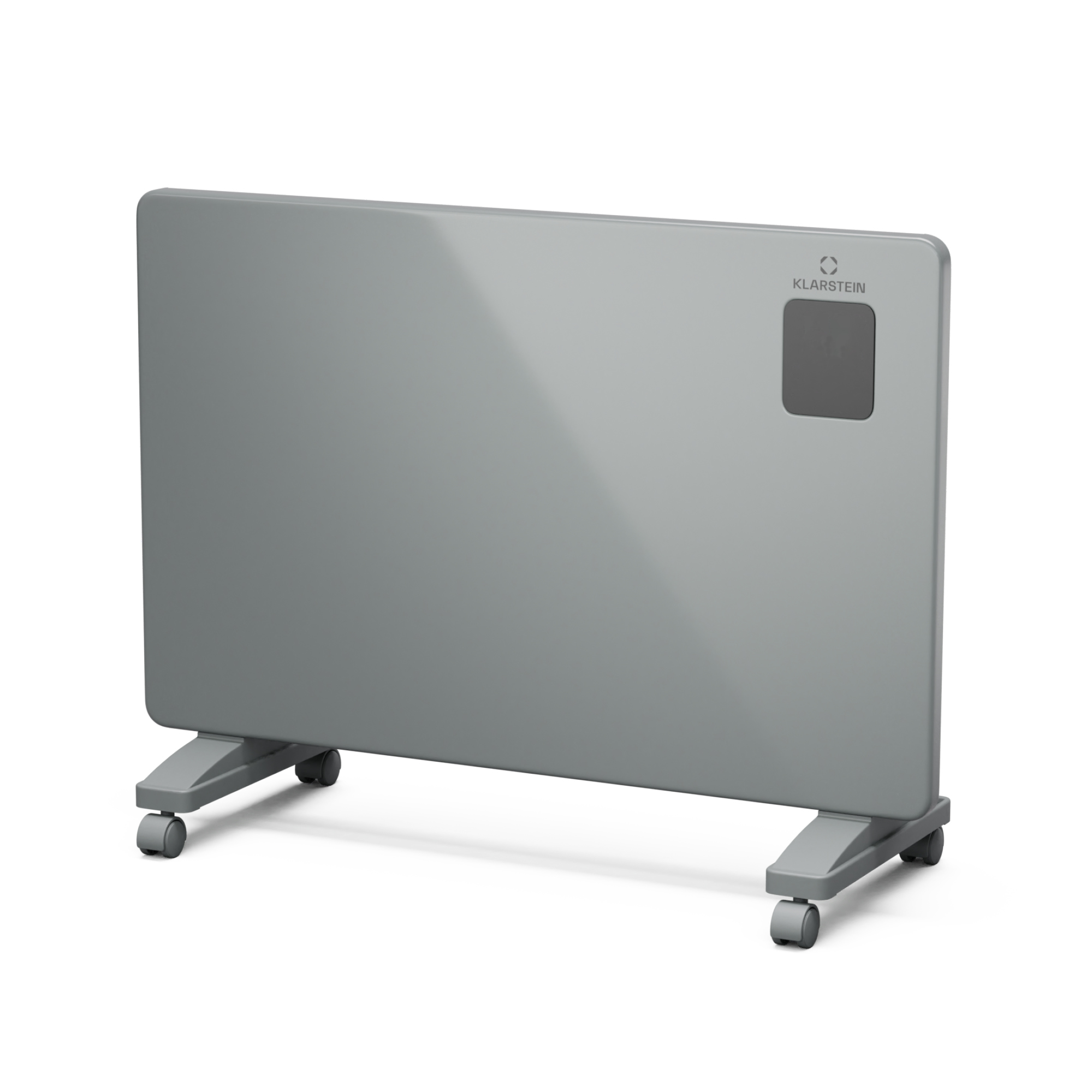 Un calefactor de panel Klarstein gris sobre ruedas. El calefactor tiene un panel de control y está sobre un fondo blanco.