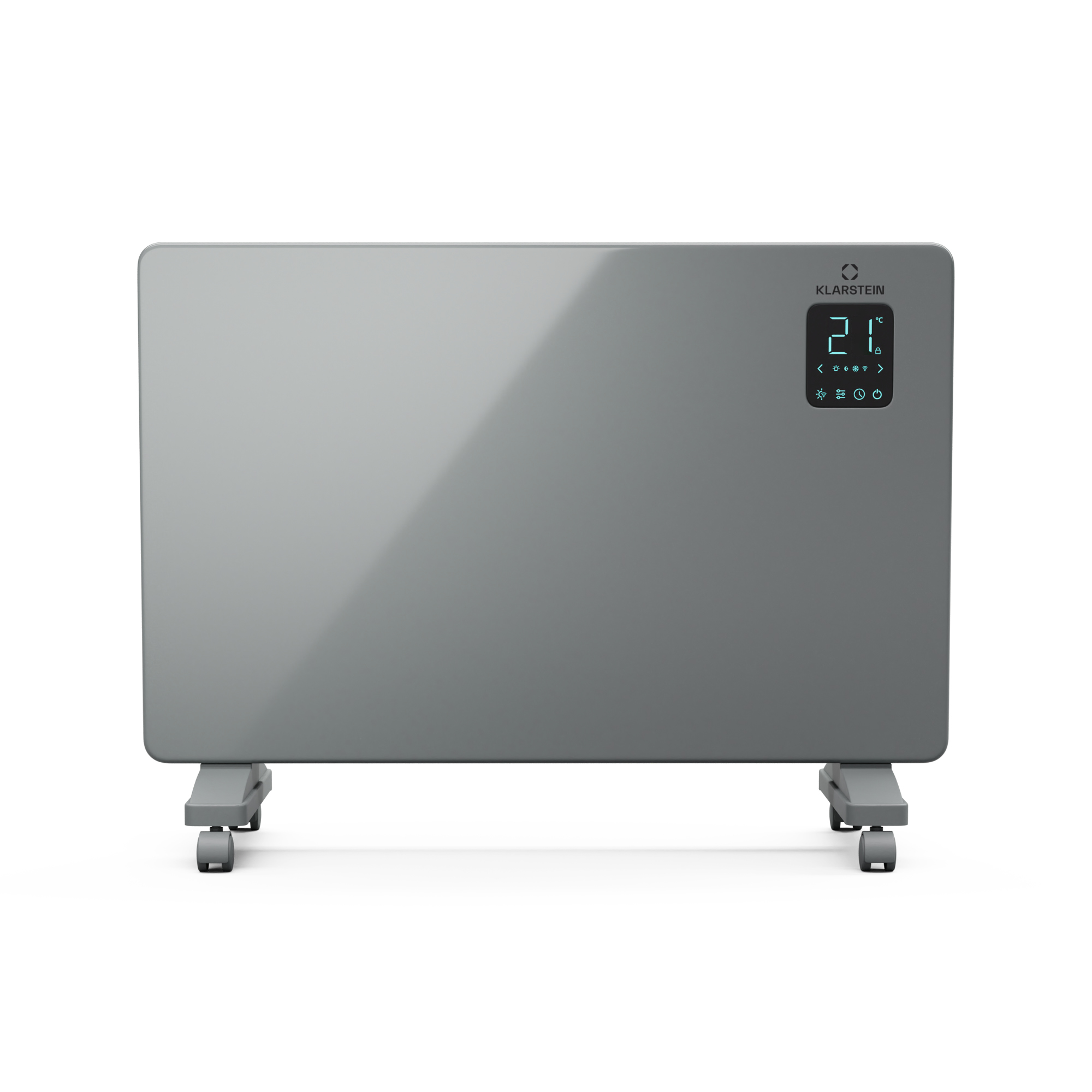 Un calefactor eléctrico gris con pantalla digital que muestra la temperatura, sobre fondo blanco.
