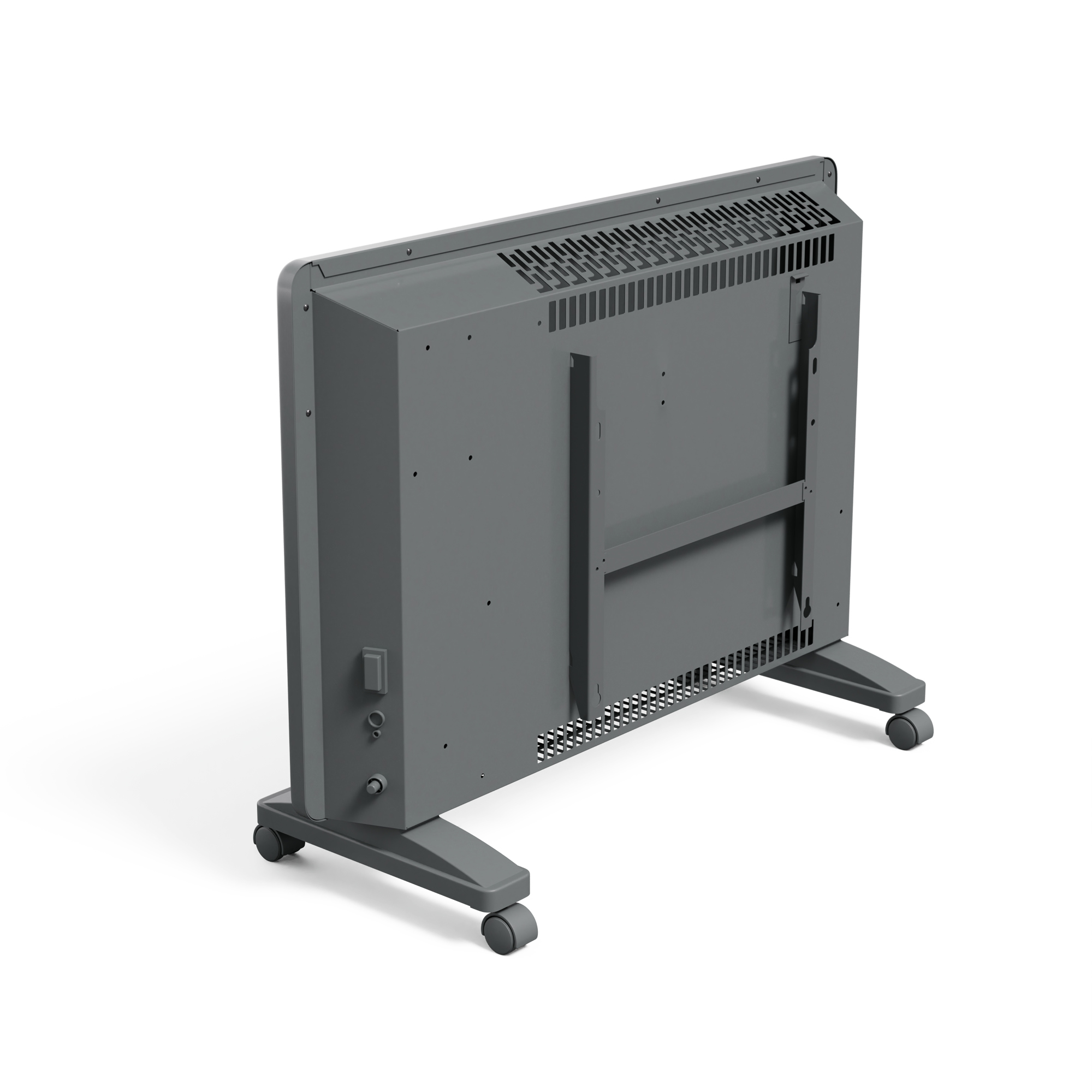 Un calefactor eléctrico gris sobre ruedas. Se muestra la parte trasera, con rejillas de ventilación y un panel de control lateral.