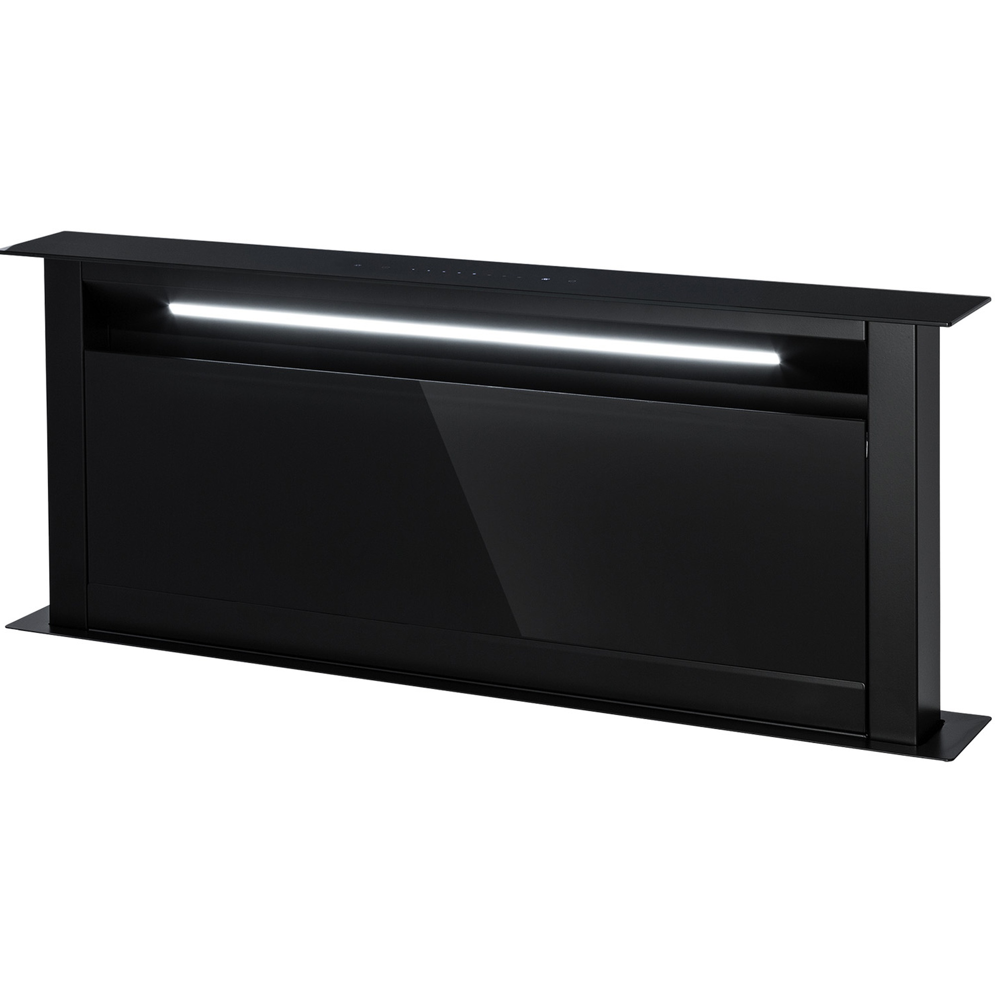 Una moderna cappa nera con una striscia luminosa brillante. Ha un frontale in vetro lucido e un design minimalista.