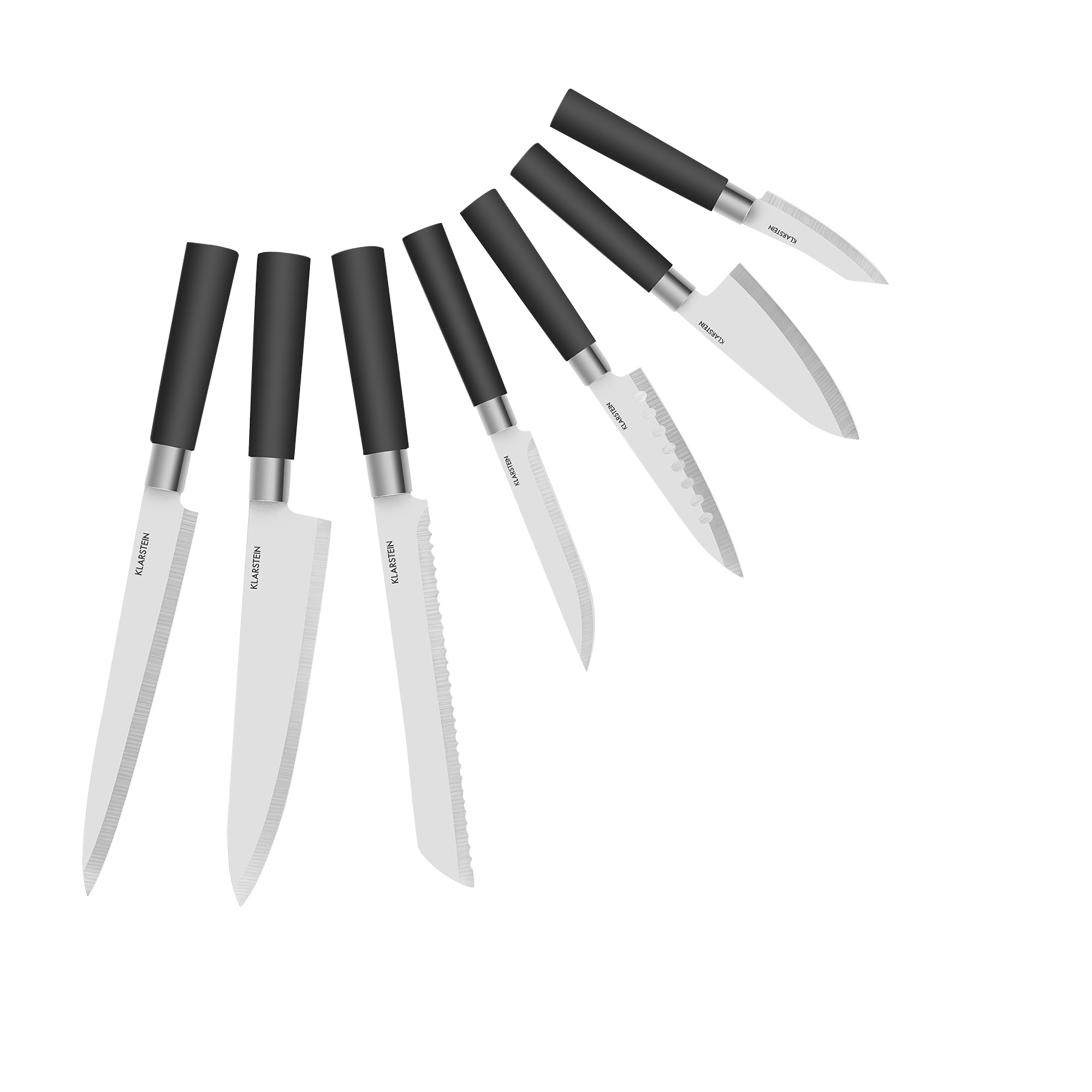 Sieben Küchenmesser mit schwarzen Griffen und silbernen Klingen sind halbkreisförmig auf weißem Hintergrund angeordnet.