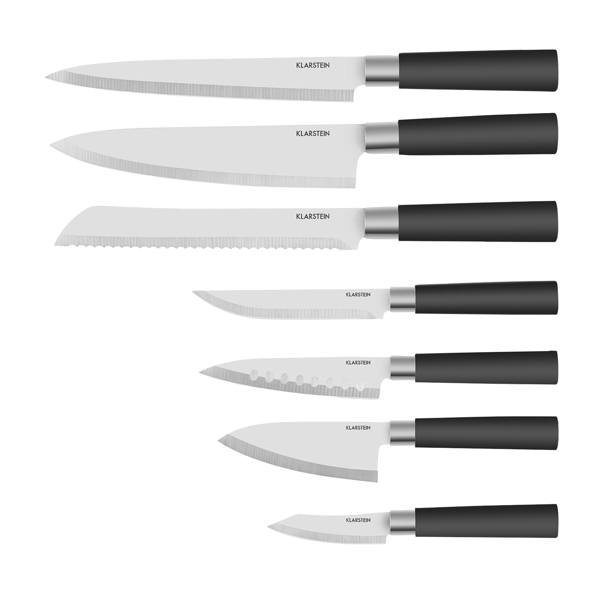 Sieben Küchenmesser mit silbernen Klingen und schwarzen Griffen vor weißem Hintergrund.