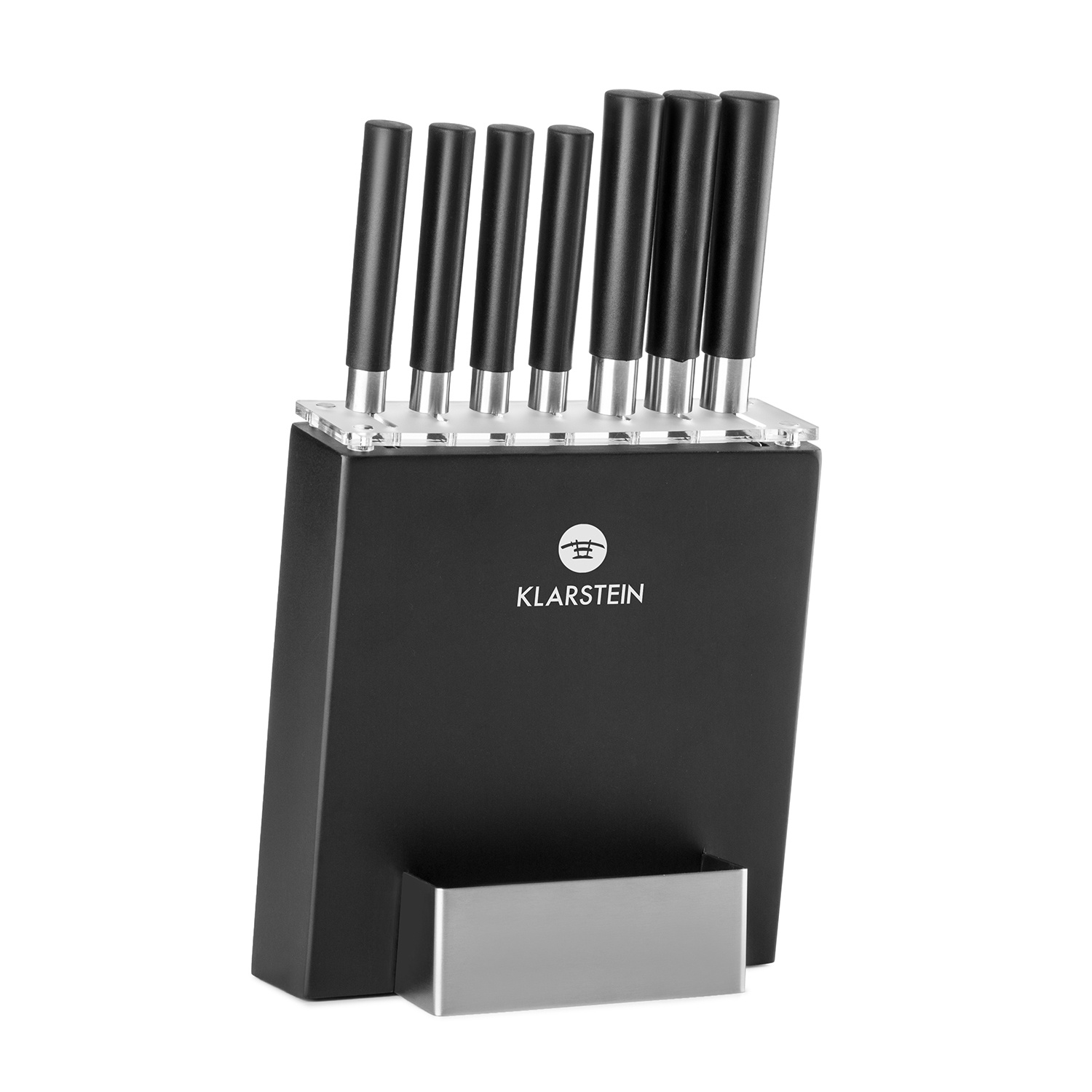 Schwarzer Klarstein Messerblock mit sechs Messern. Der Block hat einen silbernen Sockel und ein Logo. Messer haben schwarze Griffe und silberne Klingen.