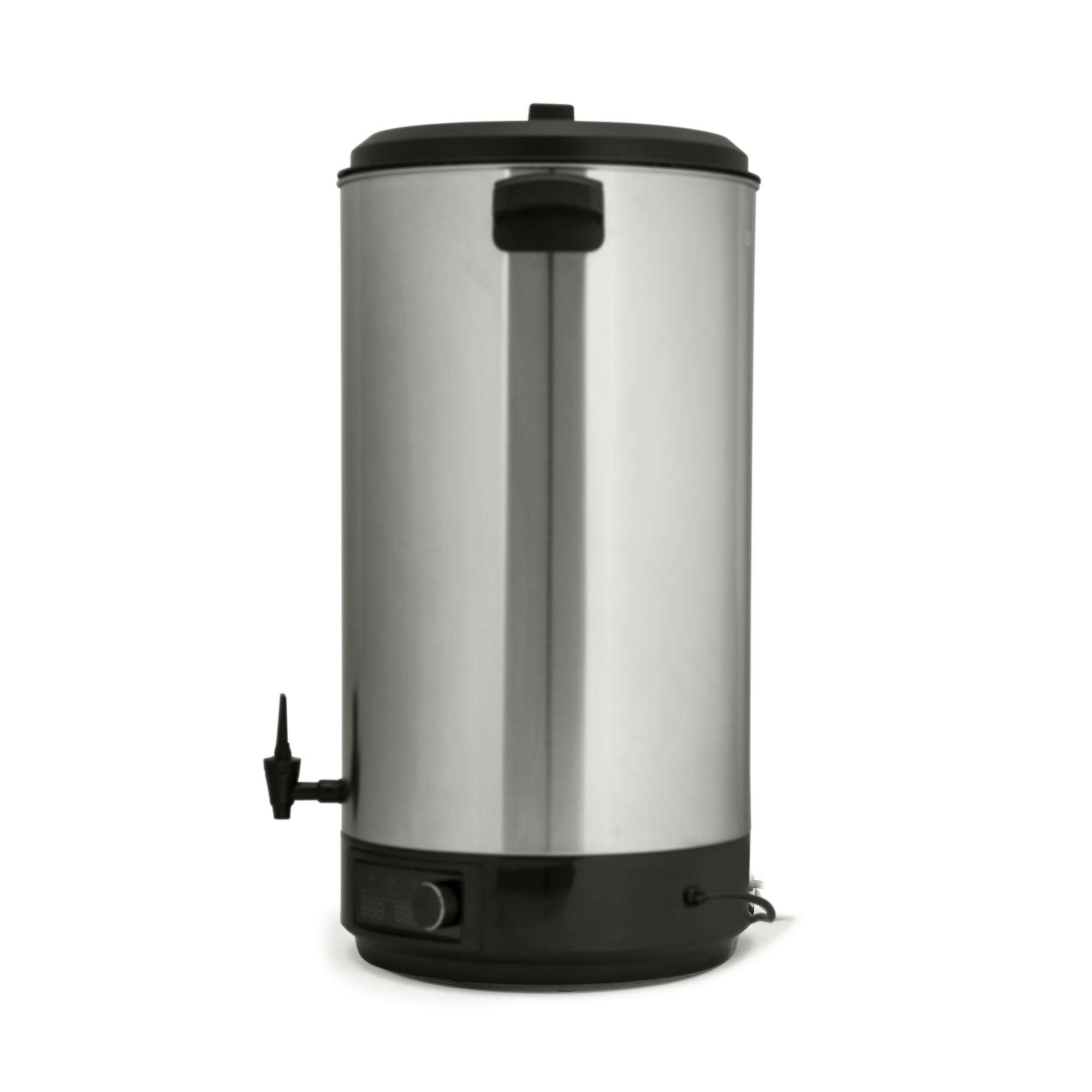 Ein metallischer, zylindrischer Wasserkocher mit schwarzem Deckel, Griff und Boden. Er hat einen Wasserhahn und einen Drehknopf.