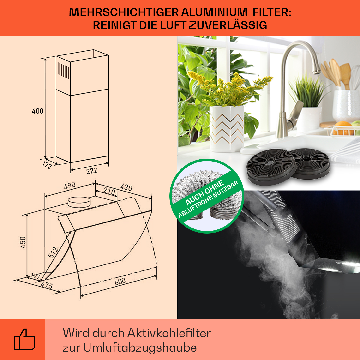 Diagrama de una campana extractora con dimensiones. También, una escena de cocina con fregadero, plantas y dos filtros negros.