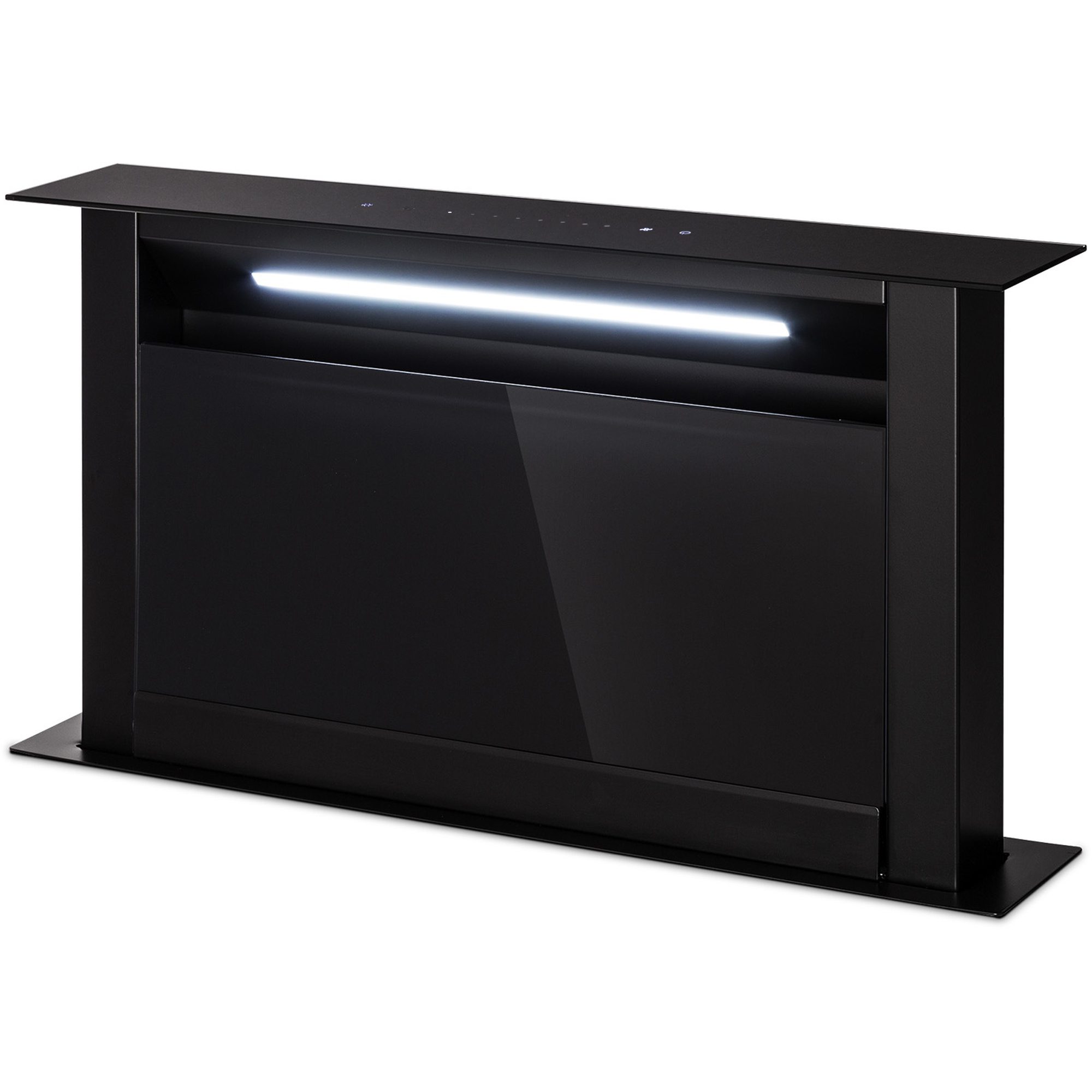 Una moderna cappa nera con pannello in vetro e luce bianca brillante. Ha un design elegante e si trova su sfondo bianco.