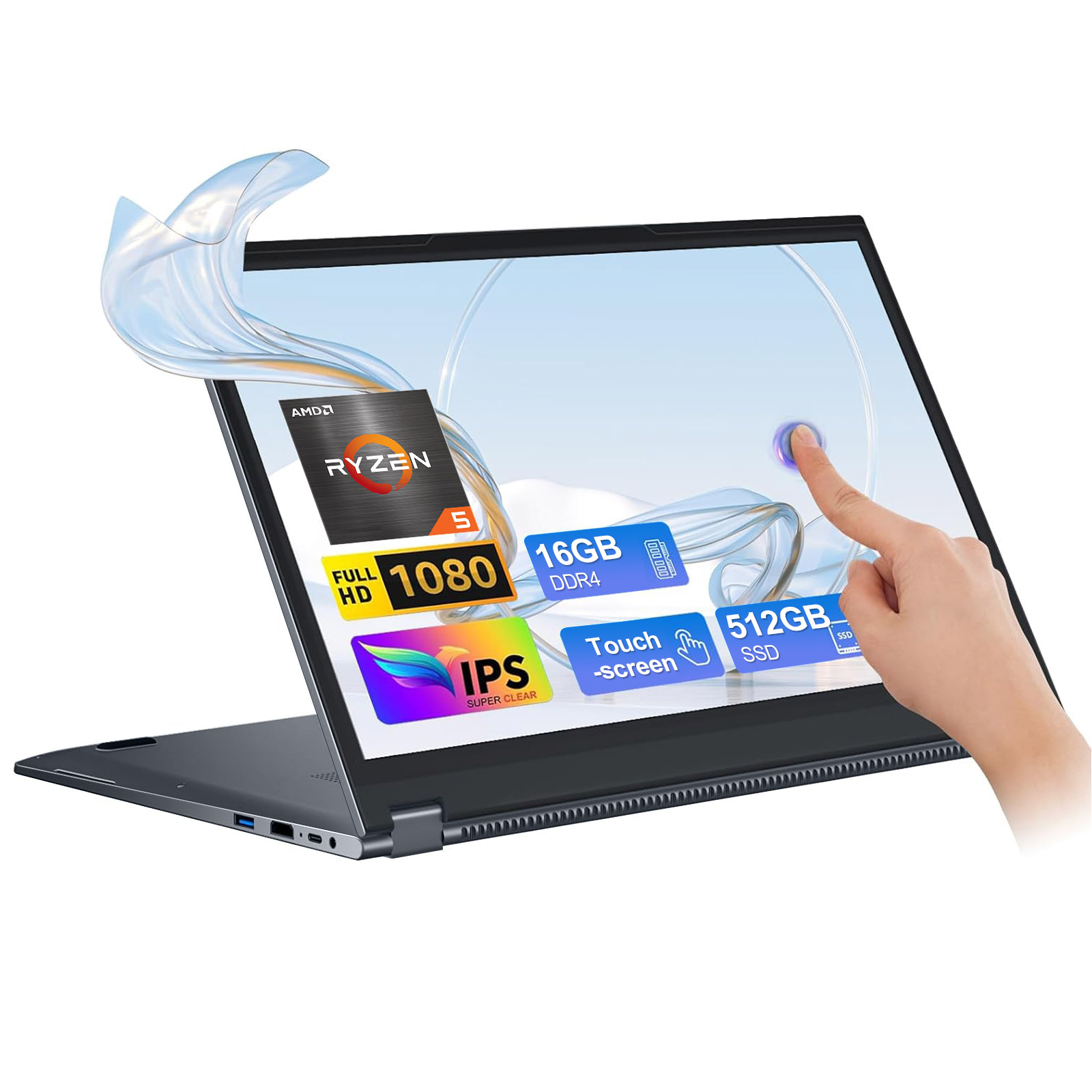 Laptop mit Touchscreen, AMD Ryzen 5, 16 GB DDR4, 512 GB SSD und Full HD 1080 Display. Ein Finger berührt den Bildschirm.