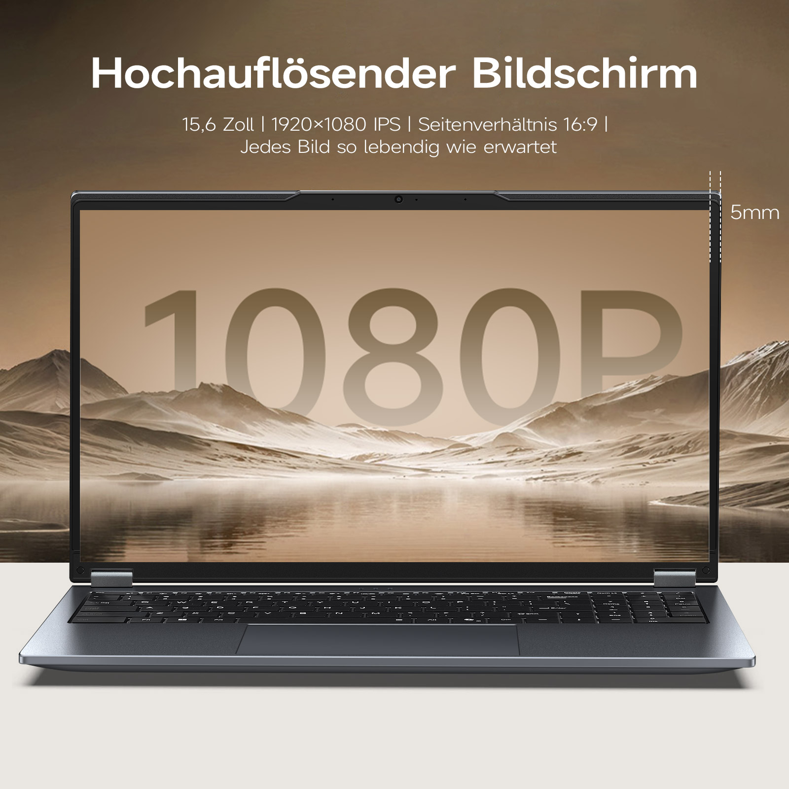 Laptop mit hochauflösendem Bildschirm zeigt eine Landschaft mit dem Text '1080P'.