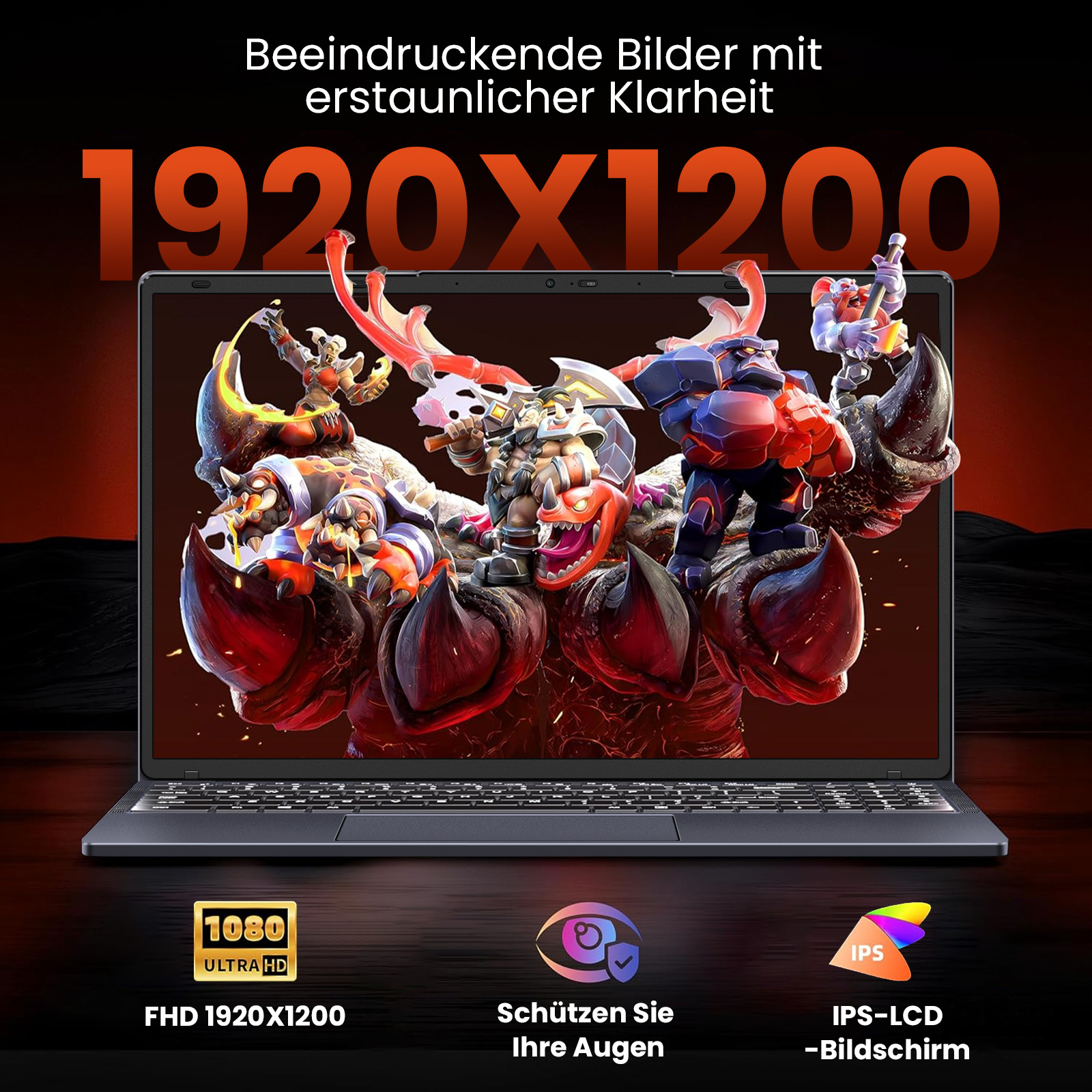 Laptop-Bildschirm mit Fantasy-Charakteren, Text: 1920X1200, FHD und IPS-LCD. Dunkelroter Hintergrund.