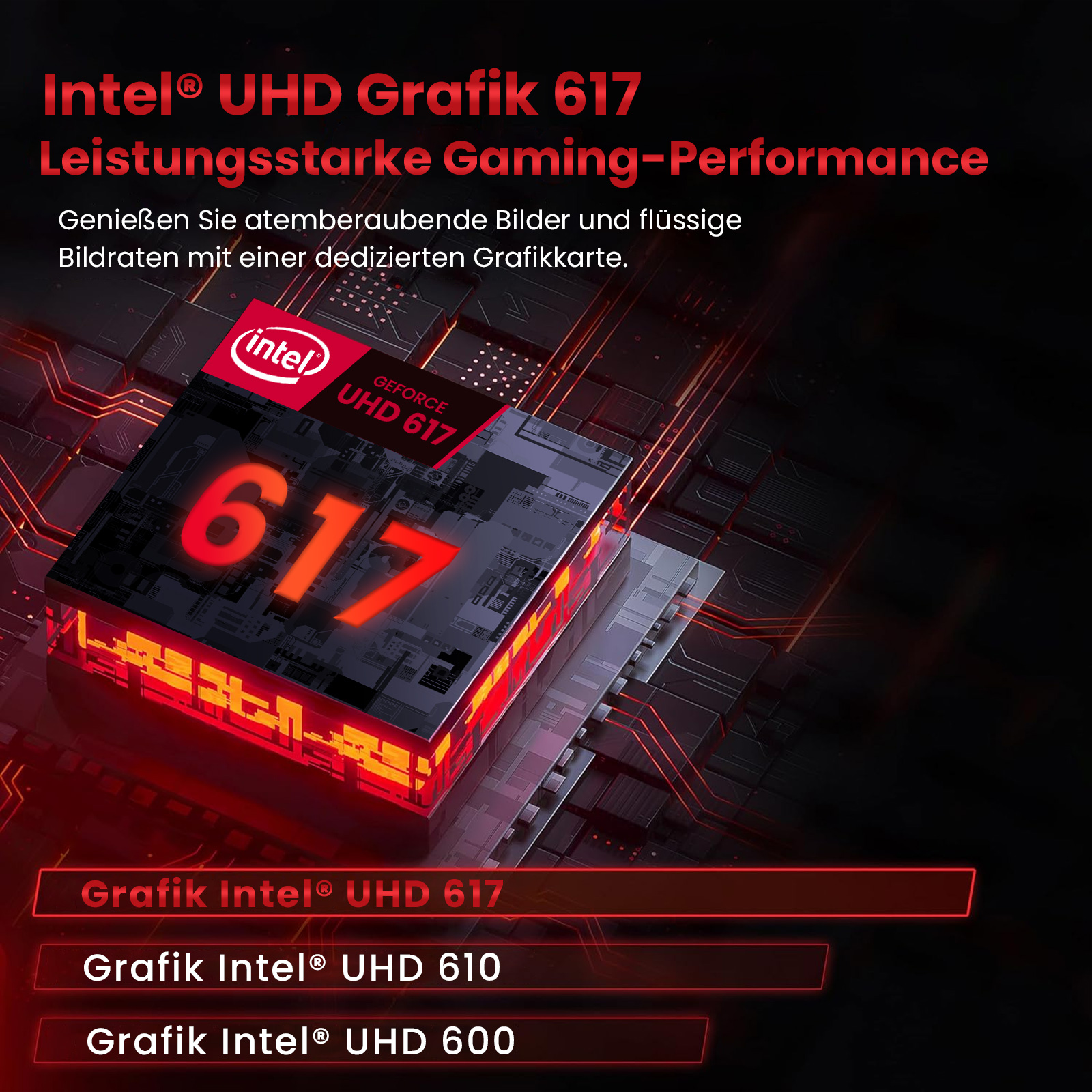 Das Bild zeigt Intel UHD Grafik 617, eine Grafikkarte mit roten Akzenten. Text bewirbt Gaming-Leistung mit der Karte.
