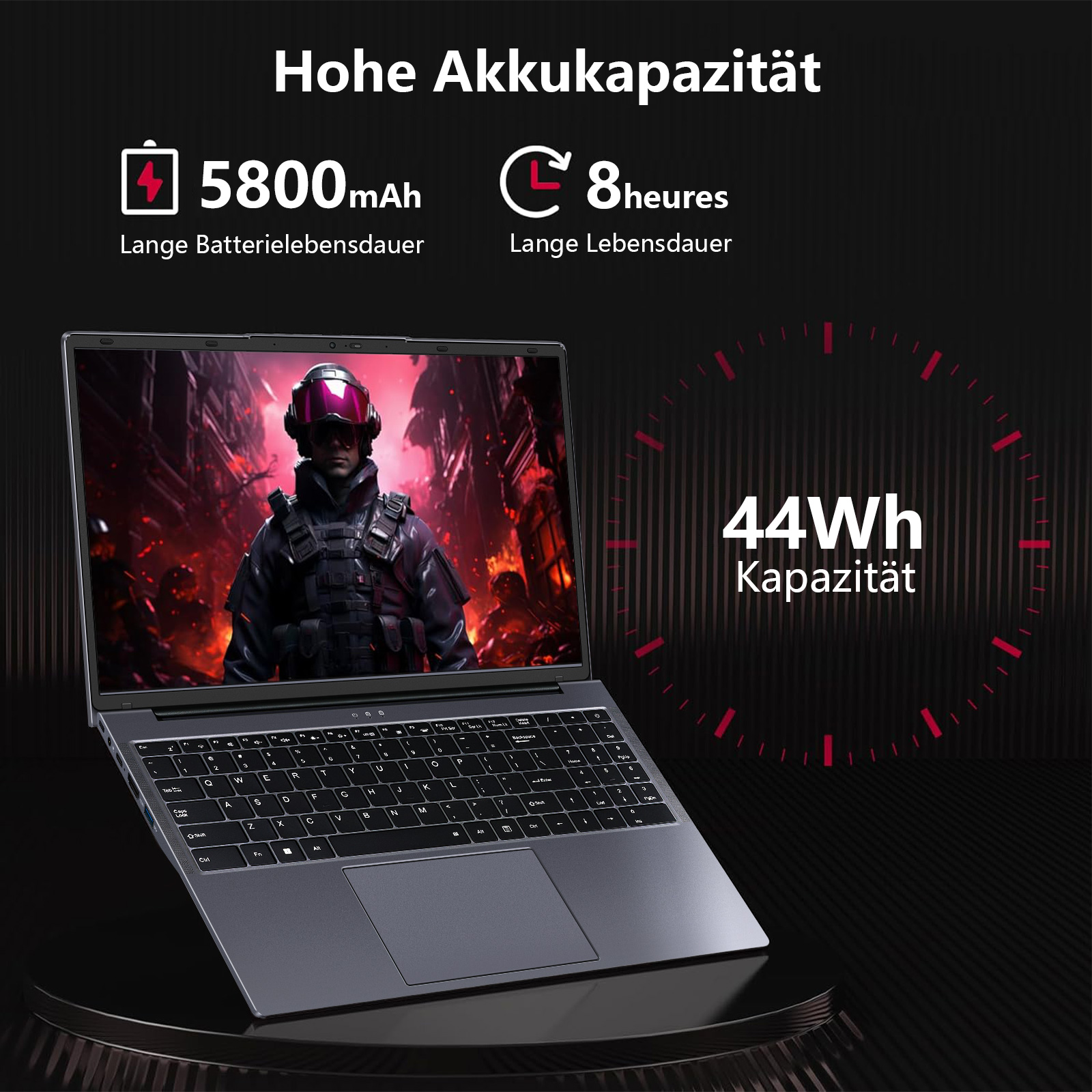 Laptop mit futuristischem Soldaten. Statistiken zeigen 5800 mAh und 8 Stunden Akkulaufzeit. 44 Wh Kapazität.