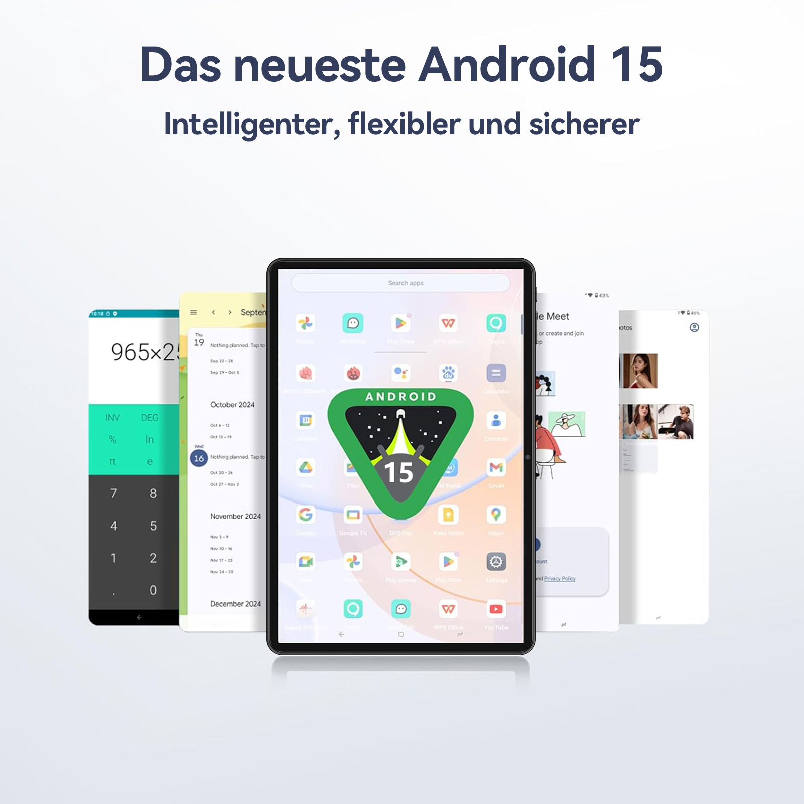 Android 15-Anzeige. Ein Tablet zeigt den Android-Startbildschirm mit Apps. Mehrere andere Bildschirme sind sichtbar.