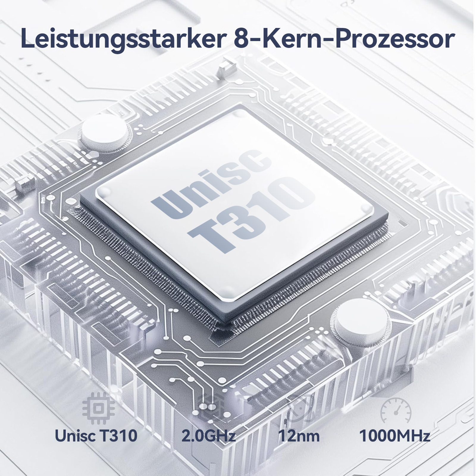 Bild eines Prozessors mit dem Text 'Unisc T310' und Spezifikationen. Der Hintergrund hat ein Leiterplattendesign.