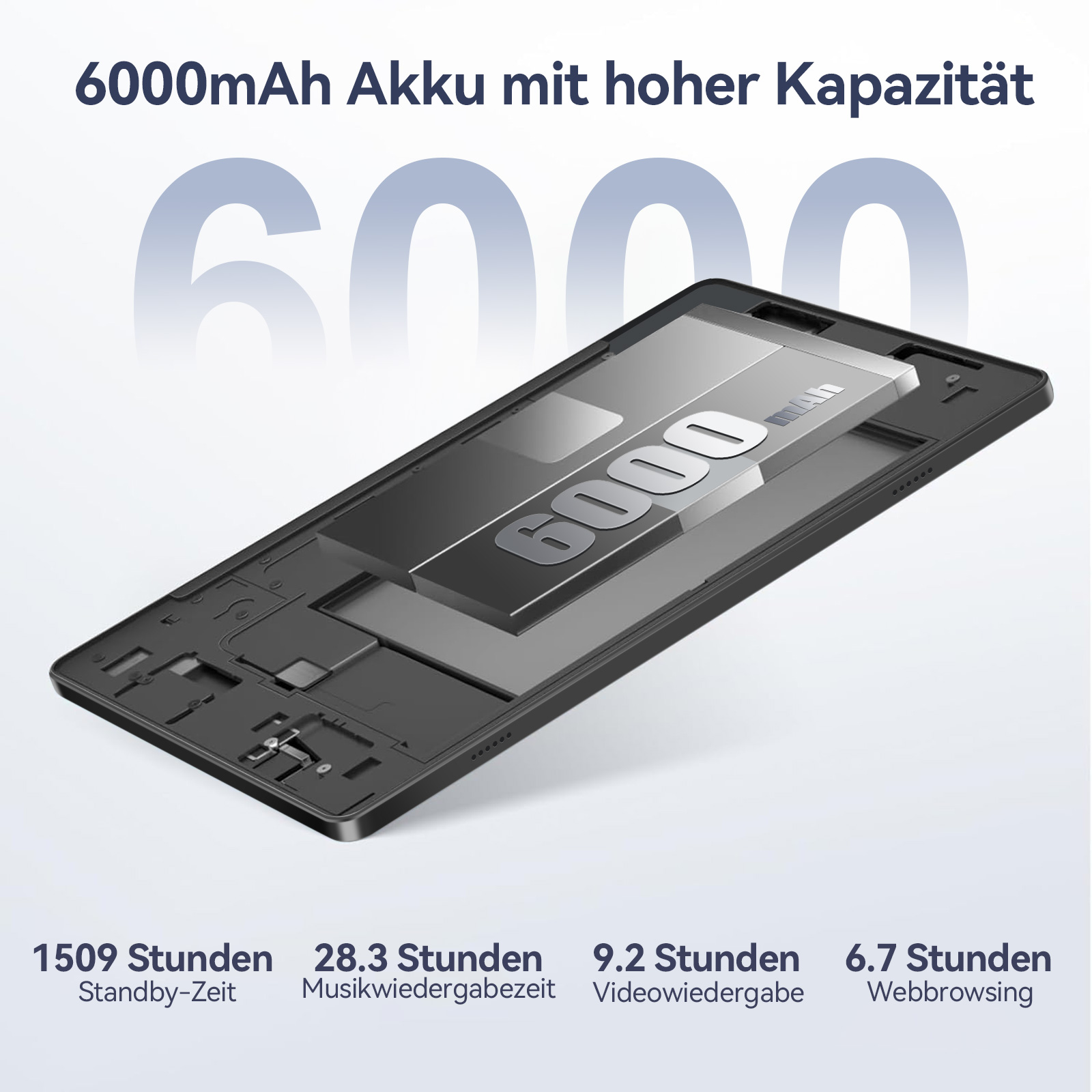 Das Bild zeigt ein schwarzes Tablet mit einer Batterie-Grafik. Text hebt 6000mAh Batteriekapazität und Nutzungszeiten hervor.