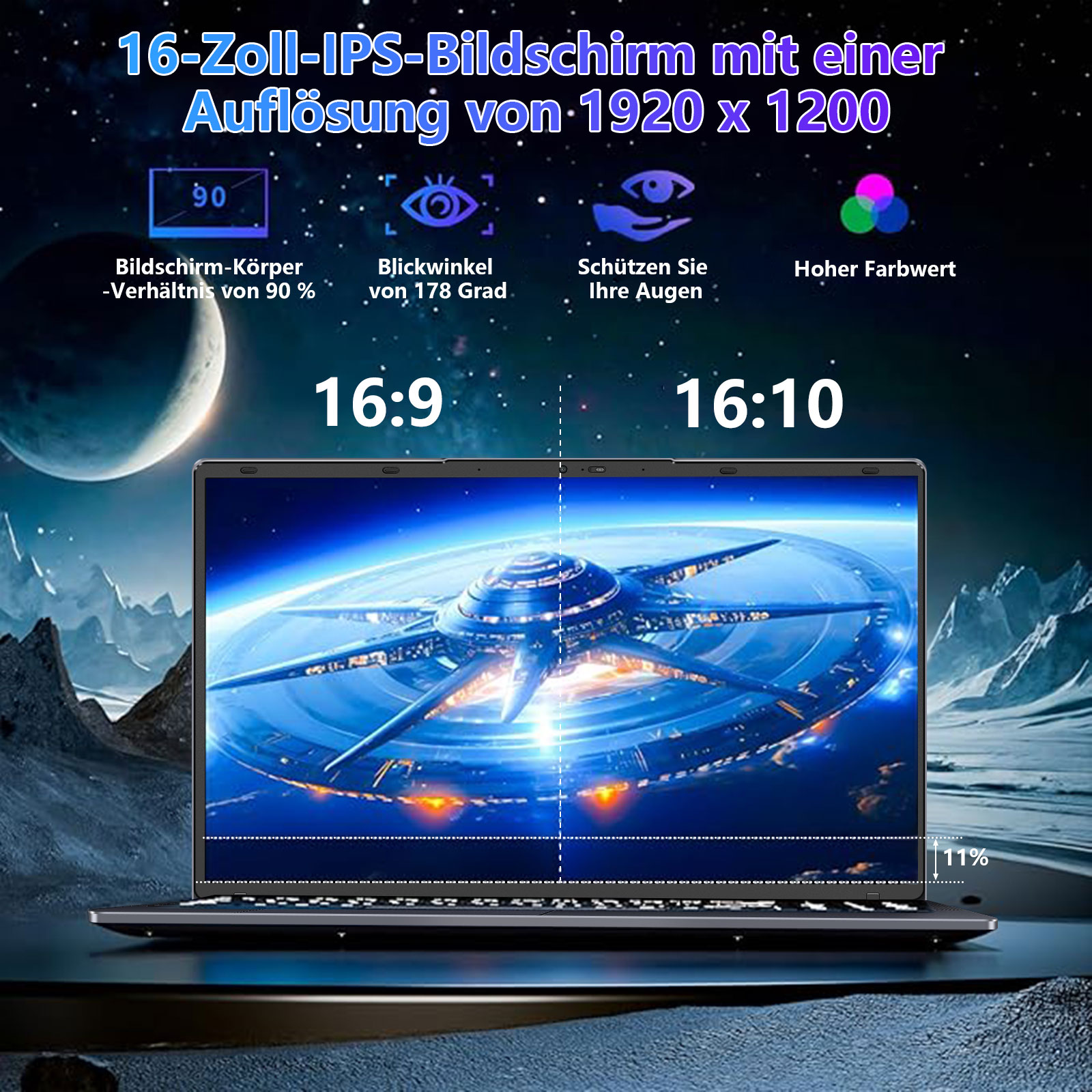 Laptop-Bildschirm mit Raumschiff, Text und Symbolen. Bildschirmformate 16:9 und 16:10.