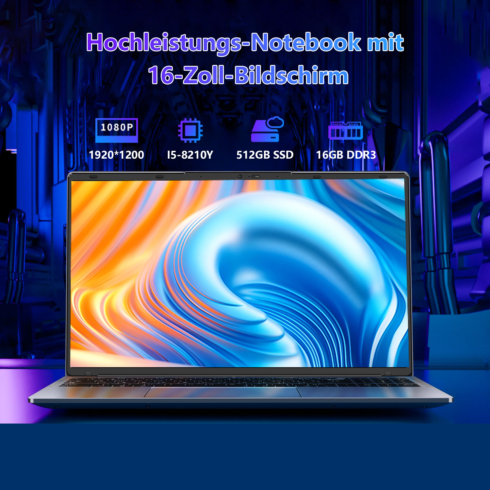 Laptop mit blau-orangem Bildschirm. Spezifikationen oben. Blauer Hintergrund.
