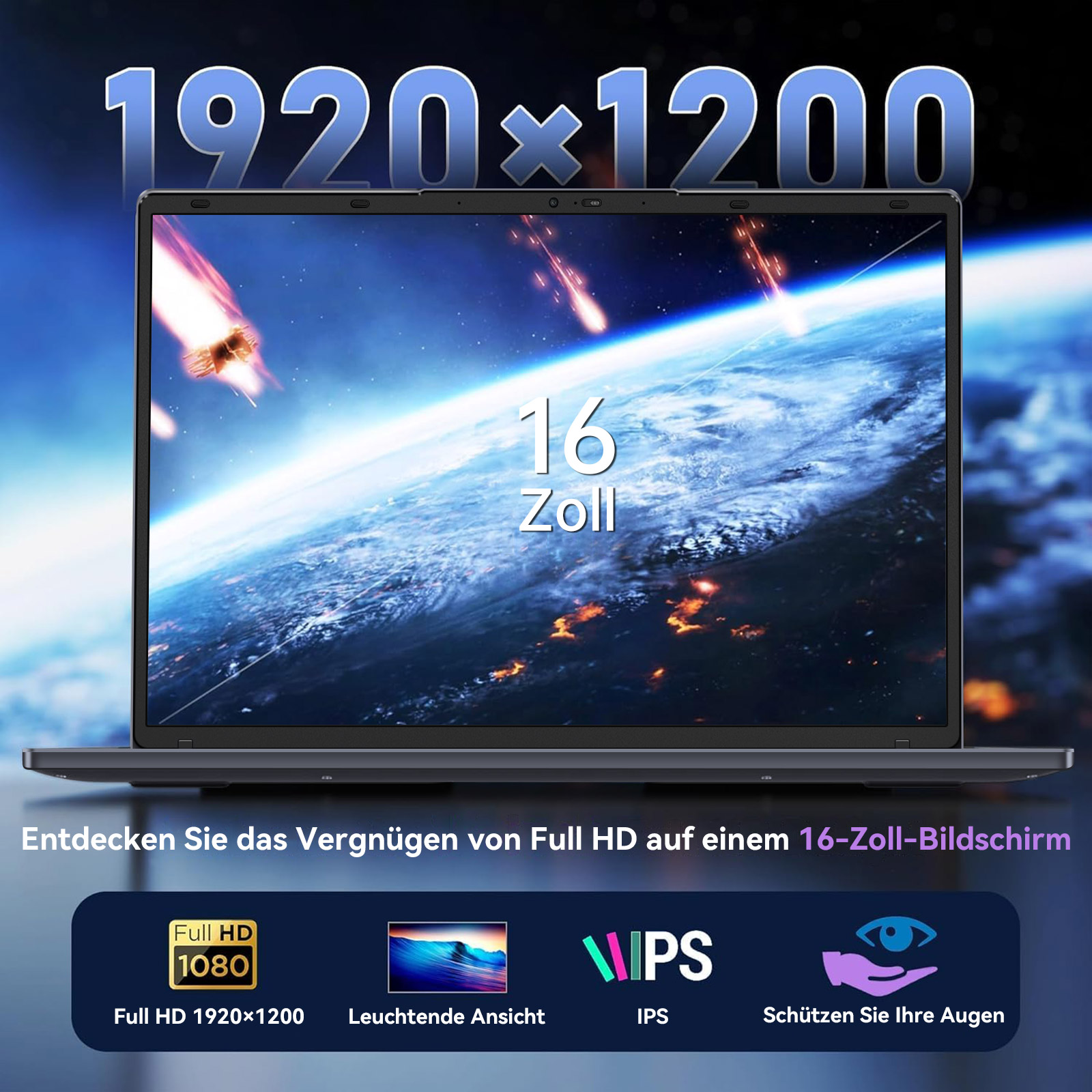 Ein Laptop-Bildschirm zeigt eine Weltraumszene. Text: 1920x1200, 16 Zoll. Info-Symbole: Full HD, IPS und Augenschutz.