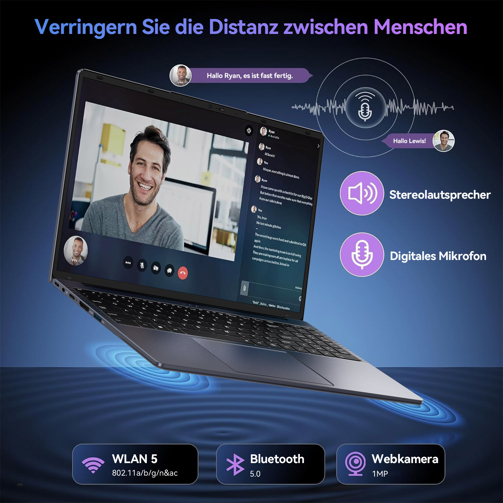 Laptop mit Videoanruf. Mann lächelt, Textblasen und Symbole für Ton, WLAN, Bluetooth und Webcam sind sichtbar.