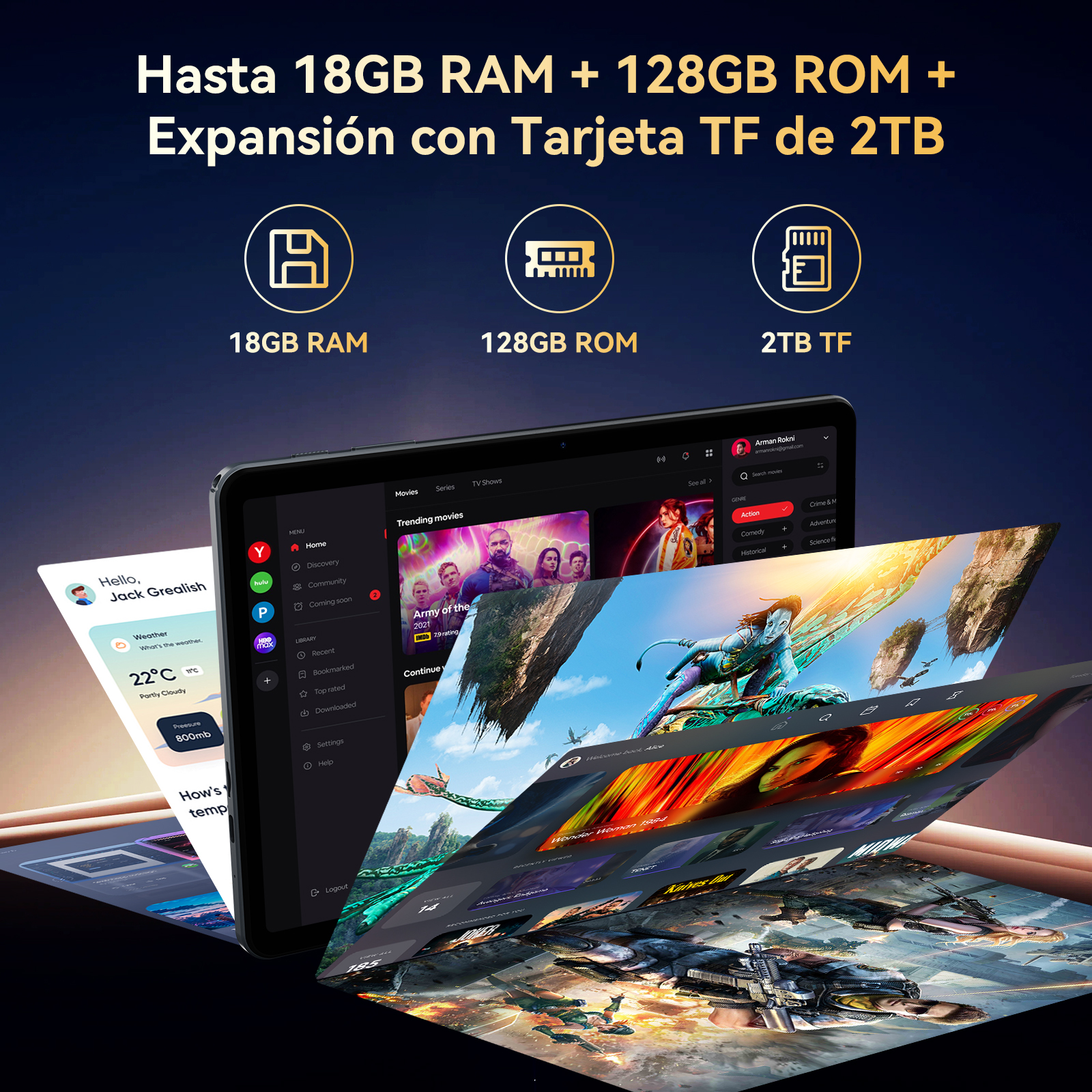Tableta mostrando aplicaciones de transmisión de películas. Iconos de RAM, ROM y capacidad de tarjeta TF.