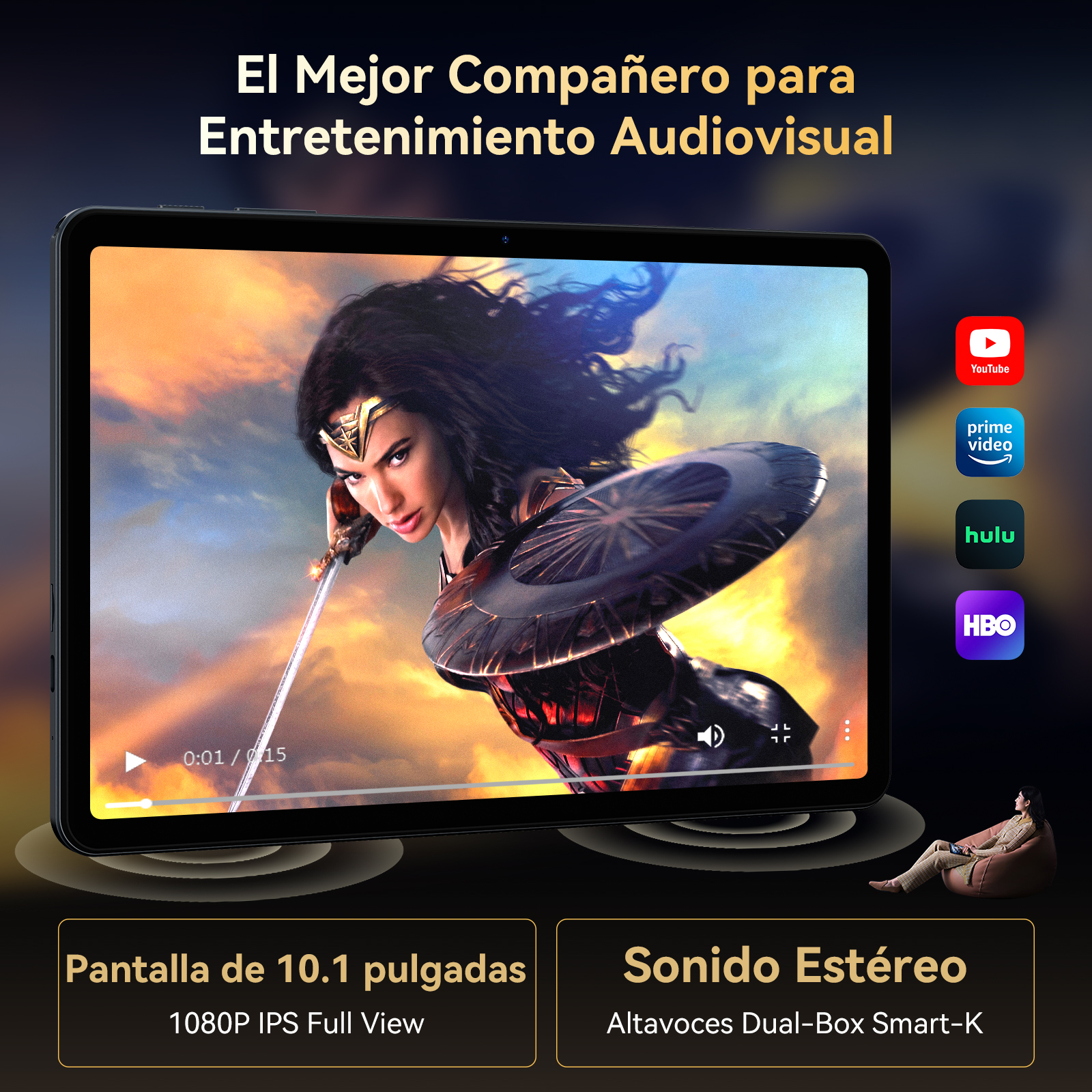 Tableta mostrando una escena de película con la Mujer Maravilla. También se ven iconos de YouTube, Prime Video, Hulu y HBO.