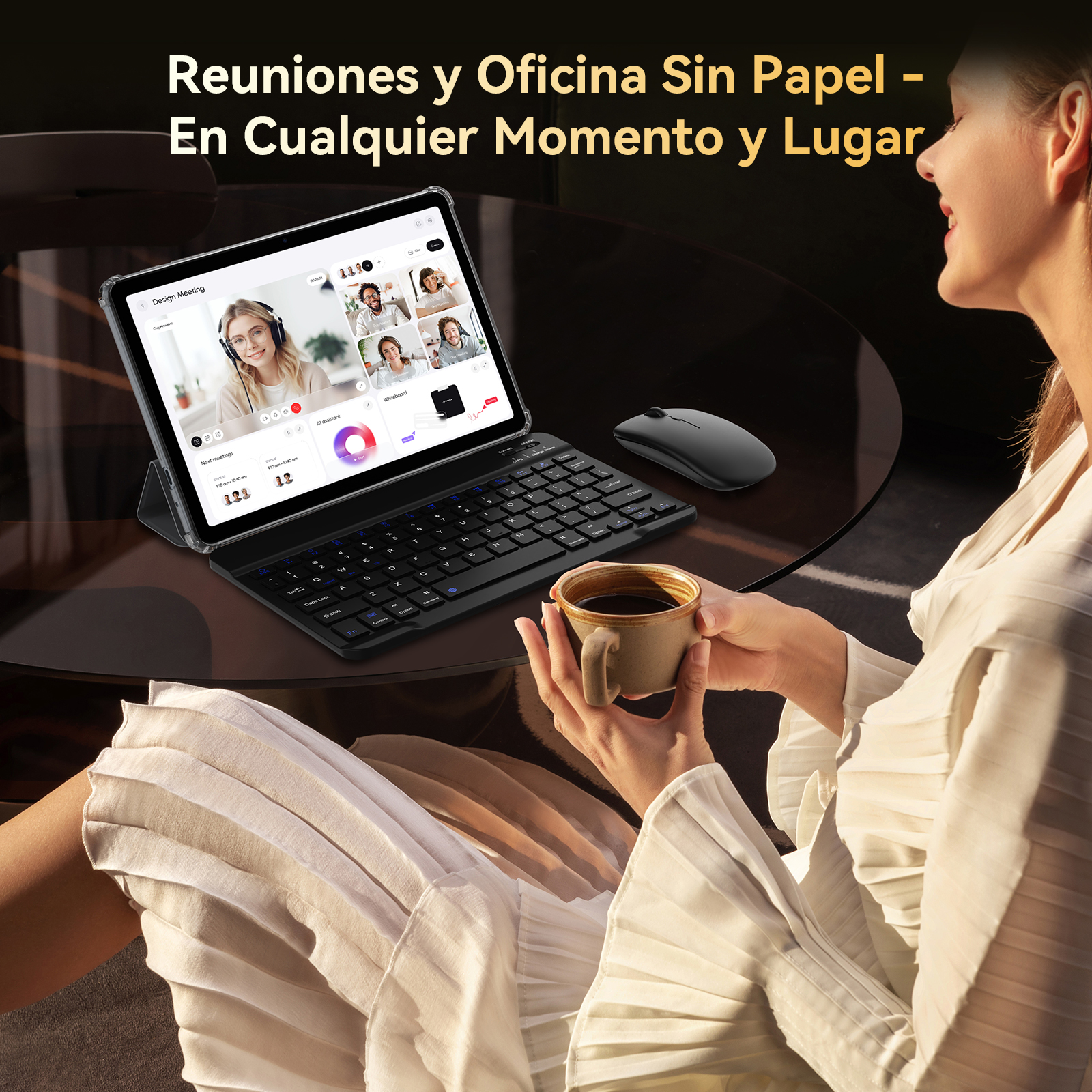 Mujer sosteniendo café, usando una tableta con teclado y ratón. En la pantalla, se muestra una videollamada.