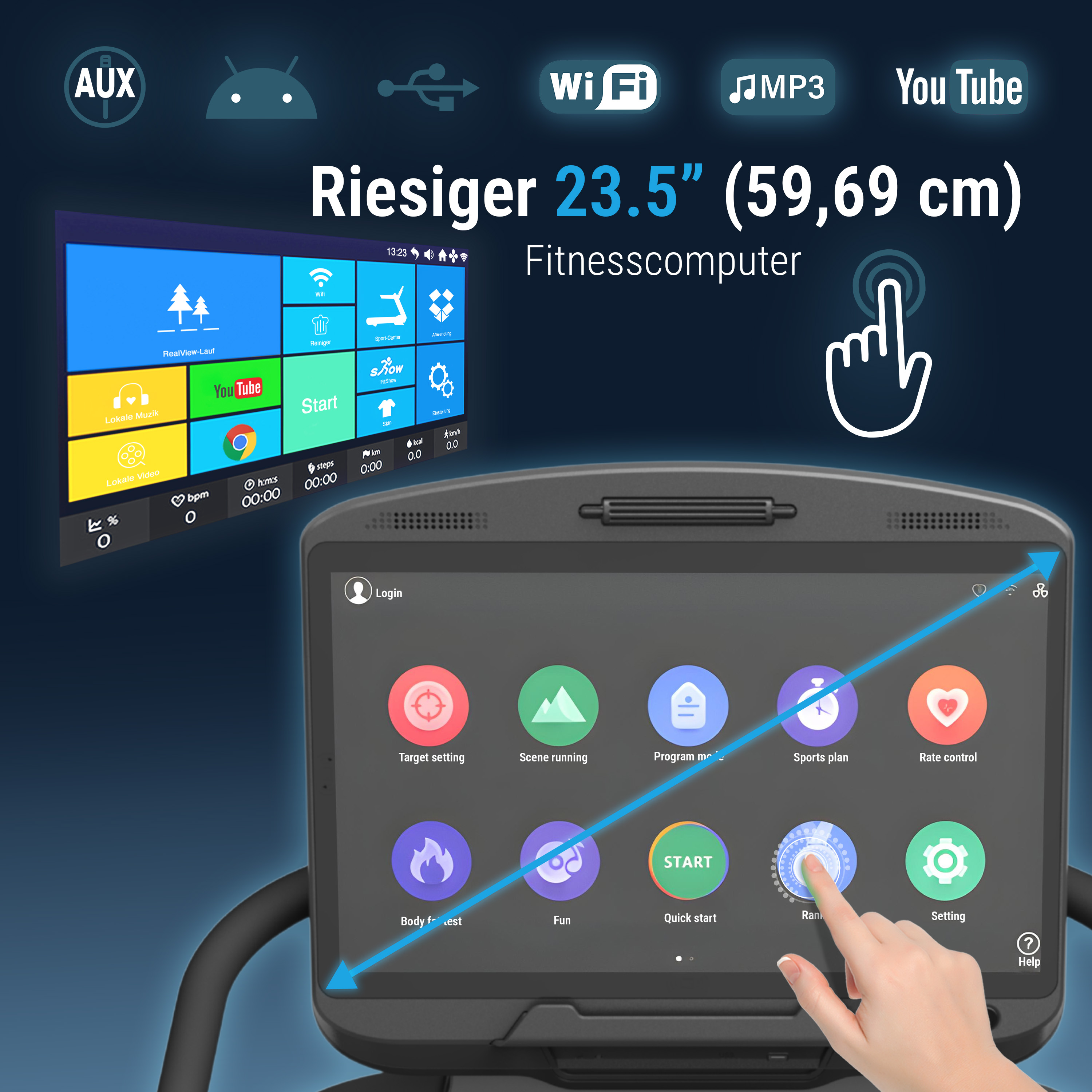 Ein Fitnesscomputerbildschirm zeigt App-Symbole. Eine Hand berührt den Bildschirm. Bildschirm zeigt Optionen für Fitnessaktivitäten.