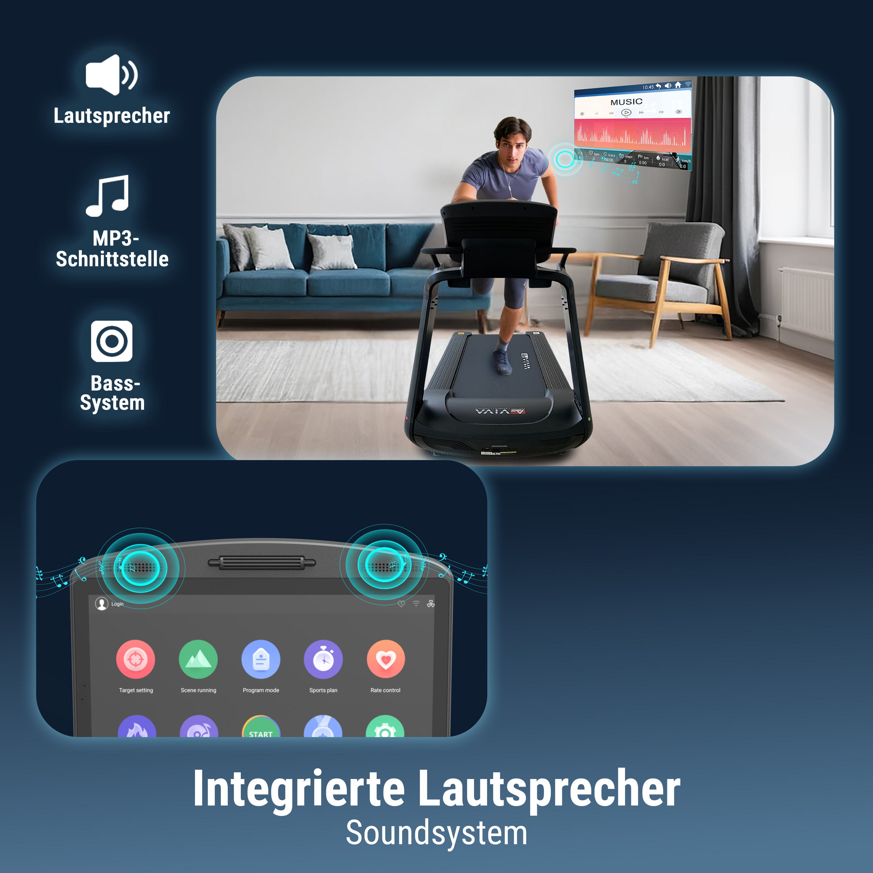 Ein Mann läuft auf einem Laufband. Ein Bildschirm zeigt Musikinformationen. Symbole für Lautsprecher, MP3 und Bass-System sind sichtbar.