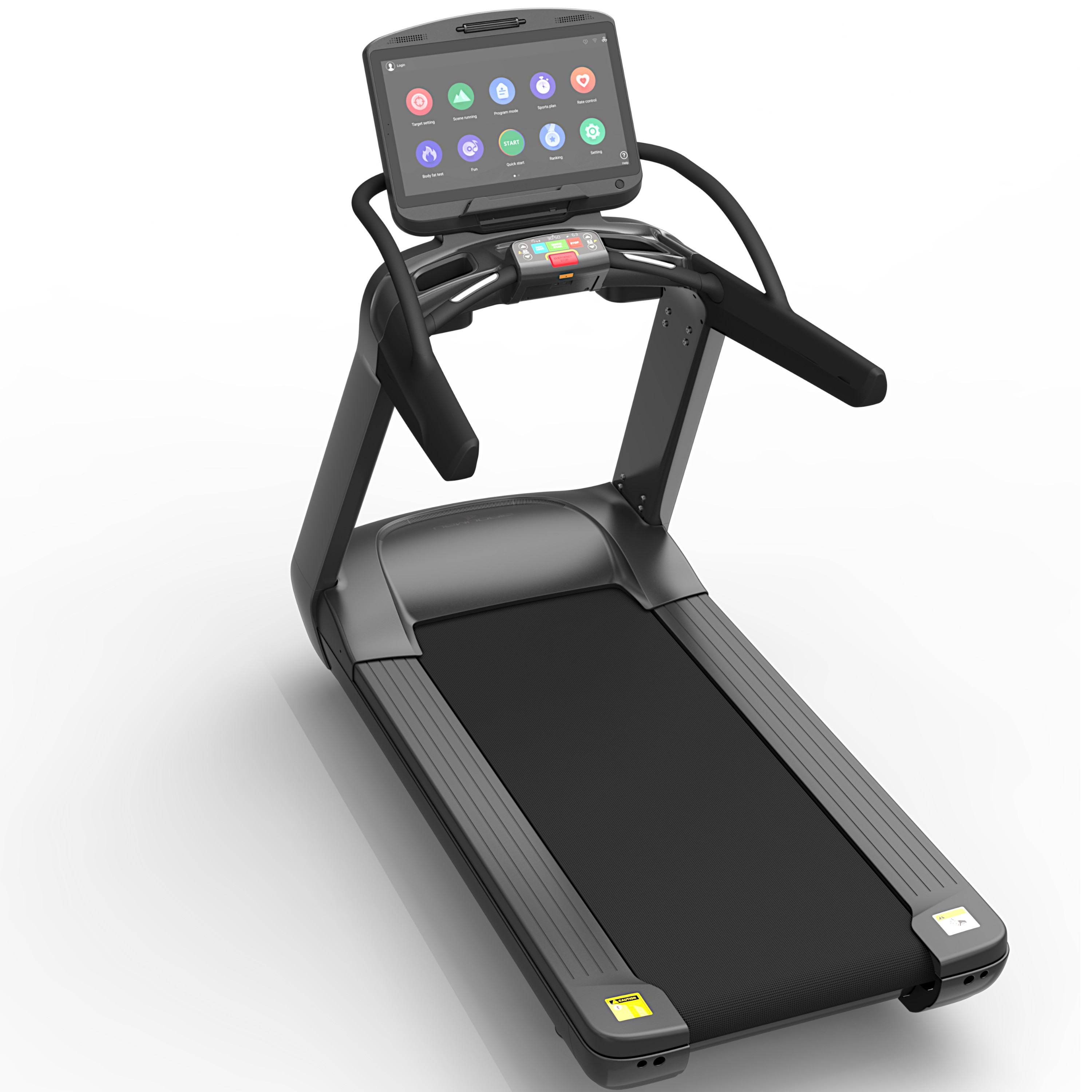 Ein modernes Laufband mit großem Bildschirm, schwarzem Laufband und Bedienfeld. Die Maschine steht auf weißem Untergrund.