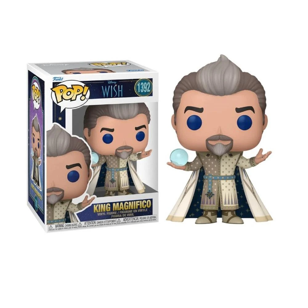 Figura Funko Pop di King Magnifico. Capelli e barba grigi, occhi blu. Tiene un globo blu. Abito bianco e oro con mantello. Scatola a sinistra.