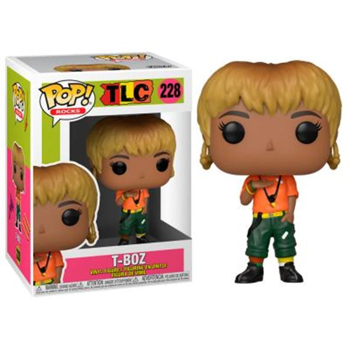 Eine Pop!-Rocks-Figur von T-Boz von TLC. Sie trägt ein orangefarbenes Hemd, grüne Hosen und schwarze Schuhe. Sie hat blondes Haar und eine Box mit der Figur.
