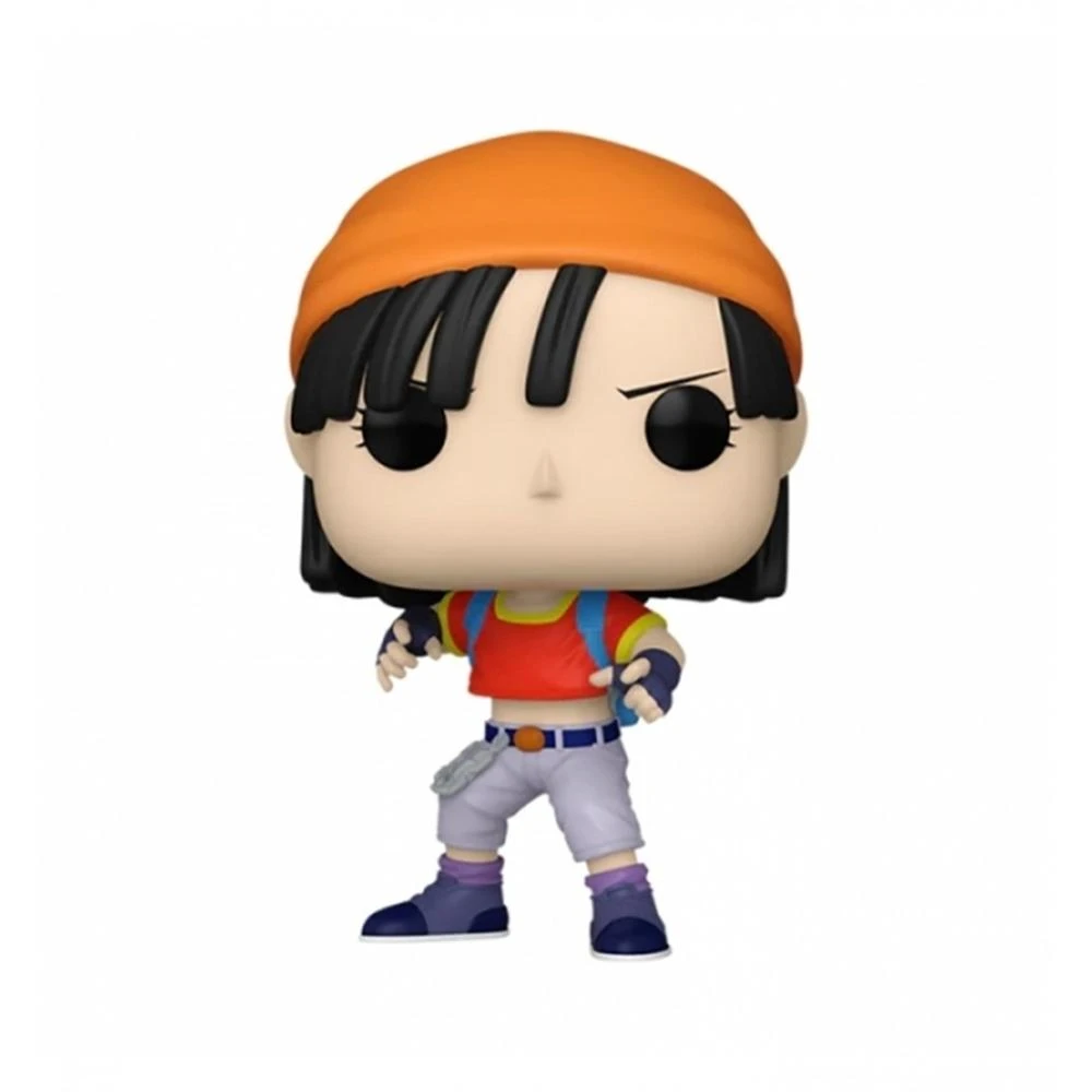 Une figurine Funko Pop d'un personnage avec un bonnet orange, une chemise rouge, un short gris et des chaussures bleues, avec un sac à dos sur fond blanc.