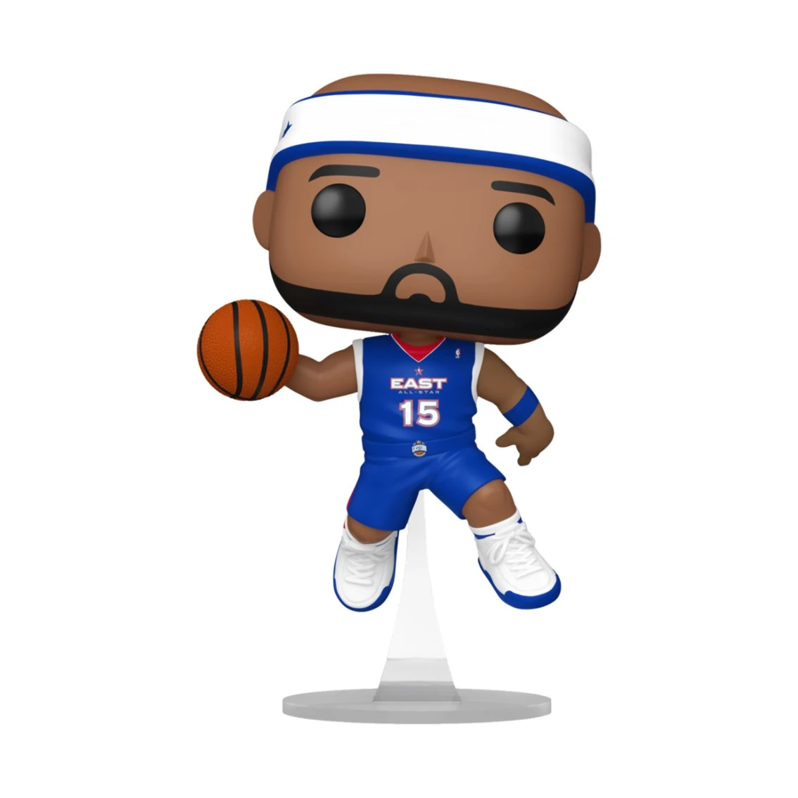 Una figura de Funko Pop de un jugador de baloncesto. Lleva un uniforme azul con el número 15 y sostiene una pelota de baloncesto.