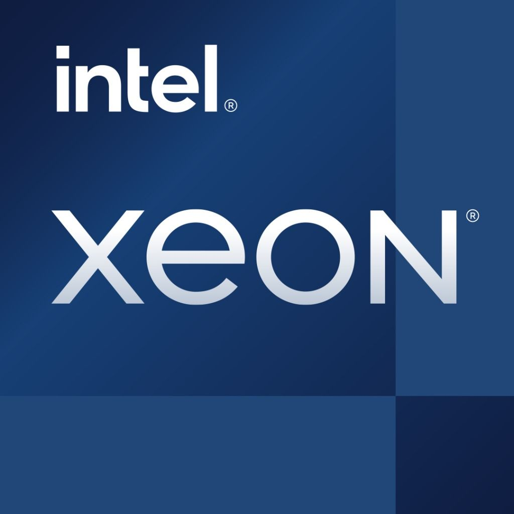Logo Intel Xeon na niebieskim tle. Słowo 'intel' u góry. 'Xeon' dużymi literami poniżej.