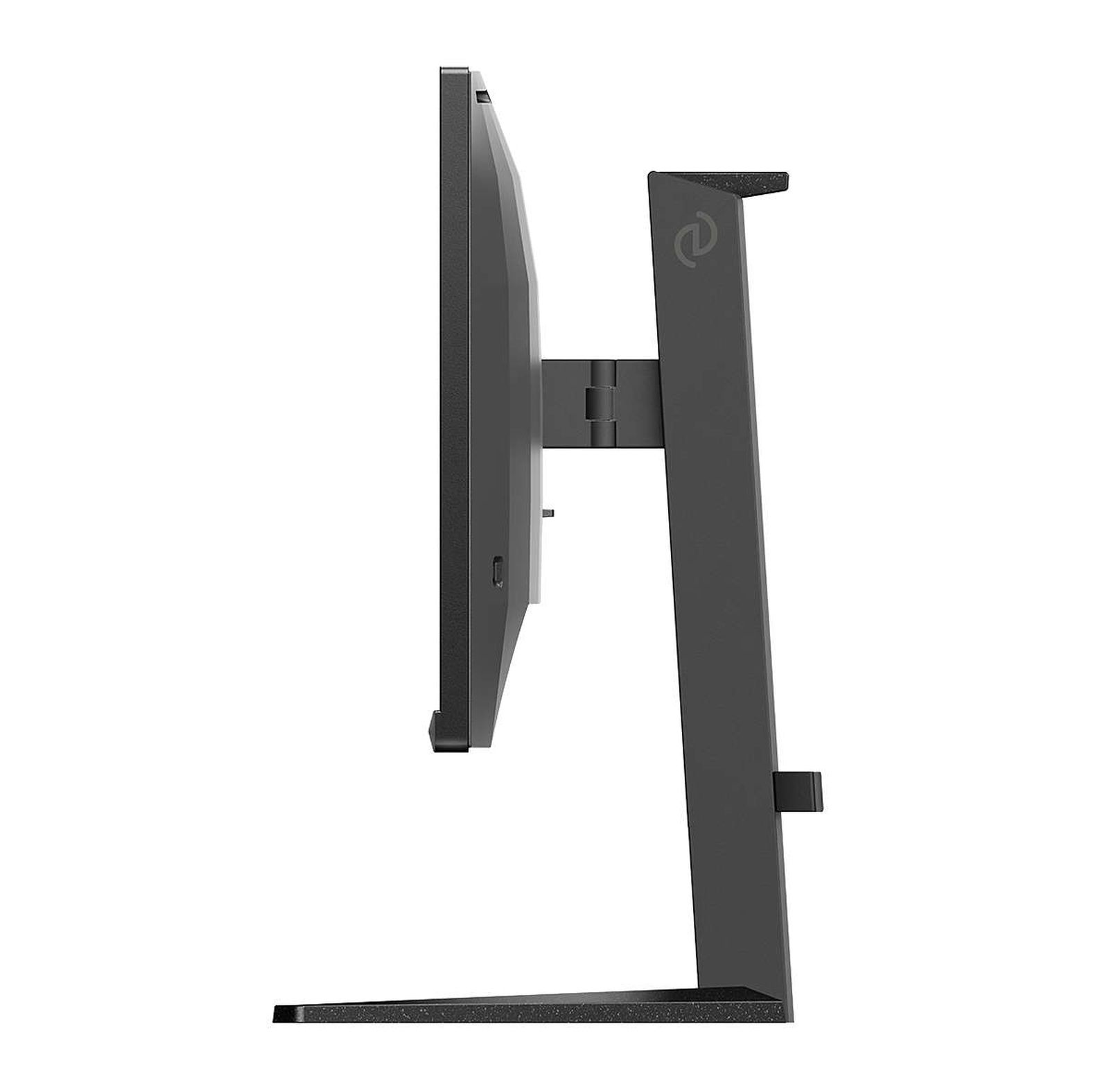 Widok z boku czarnego monitora i stojaka, o eleganckim, nowoczesnym designie na białym tle.