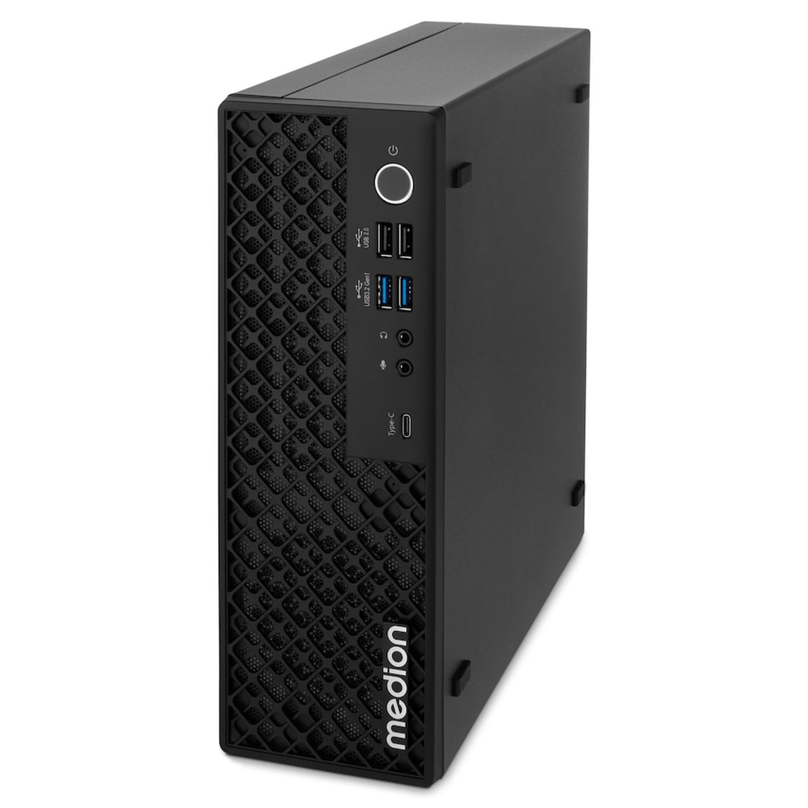 Schwarzer Medion-Desktop-Computer. Die Frontplatte hat Ein-/Aus-Taste, USB-, Audio-Anschlüsse und Typ-C. Er steht aufrecht.