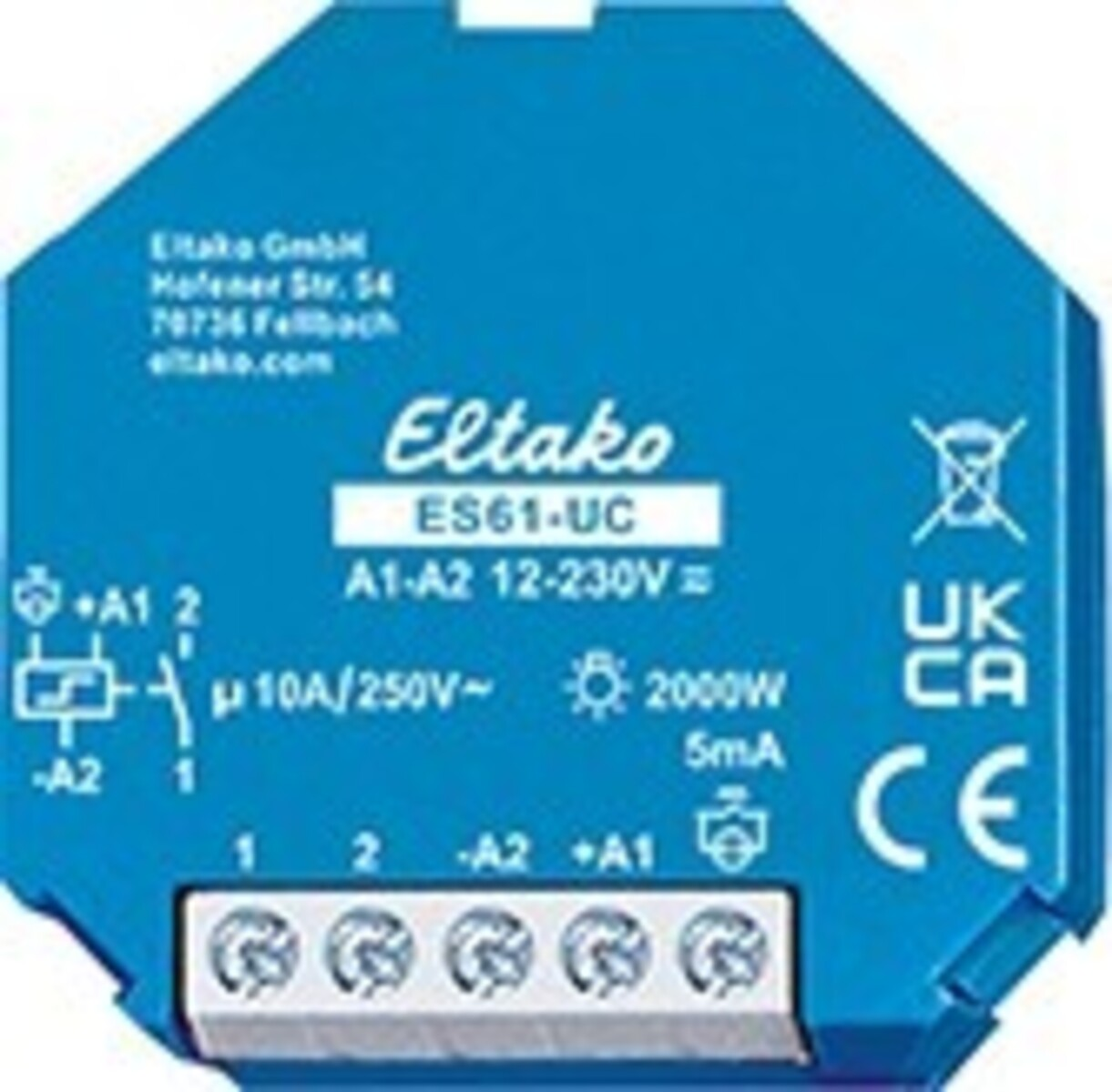 Un dispositivo blu Eltako ES61-UC con testo e simboli. Ha morsetti di collegamento e specifiche come tensione e potenza.