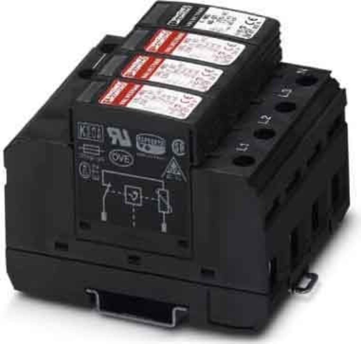 Ein schwarzes elektrisches Bauteil mit rot-weißen Etiketten oben. Es hat Anschlussstellen mit der Bezeichnung L1, L2, L3 und mehrere Symbole.