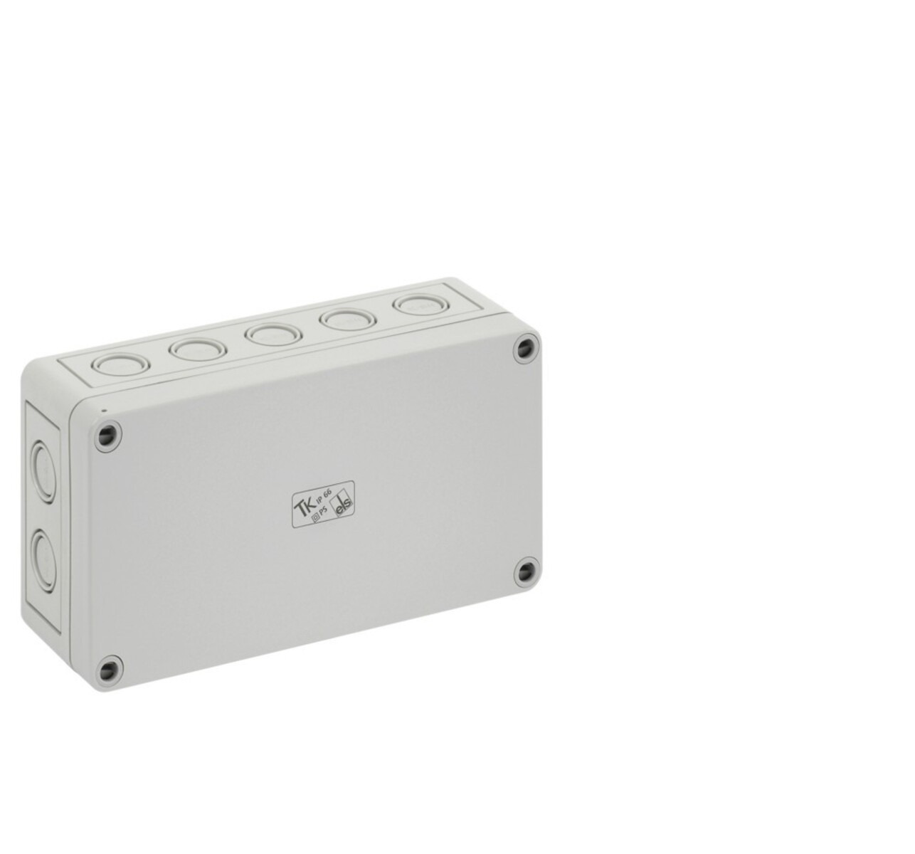 Una scatola di giunzione elettrica rettangolare grigio chiaro. Ha molteplici aperture circolari sulla parte superiore e sui lati, con fori per le viti.