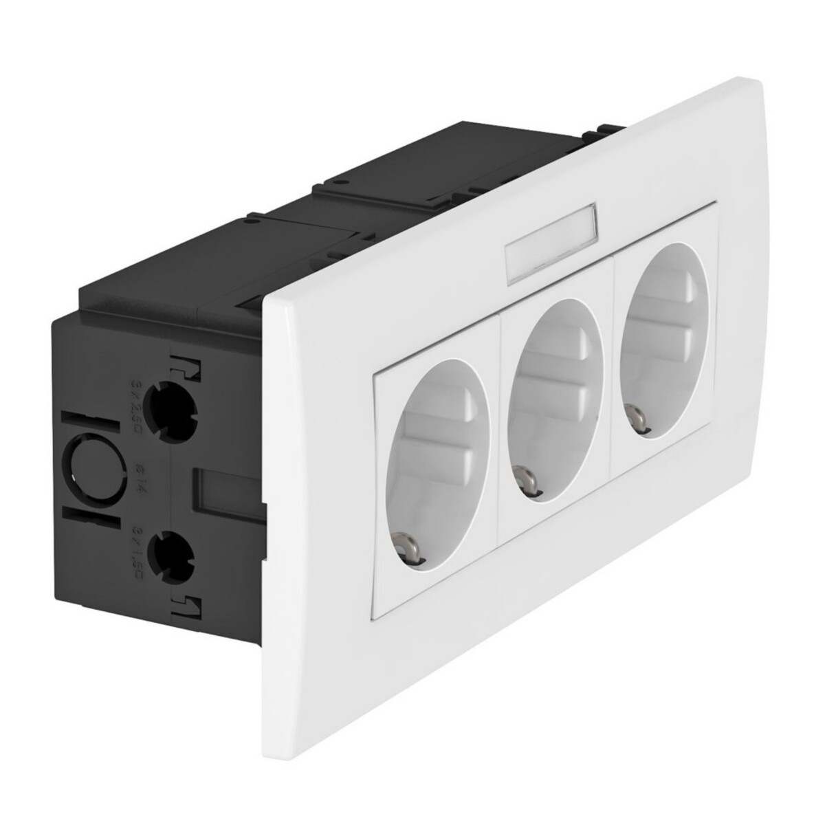 Presa elettrica bianca con tre prese rotonde. Retro nero. Pezzi di metallo argentato all'interno delle prese. Cornice rettangolare bianca.