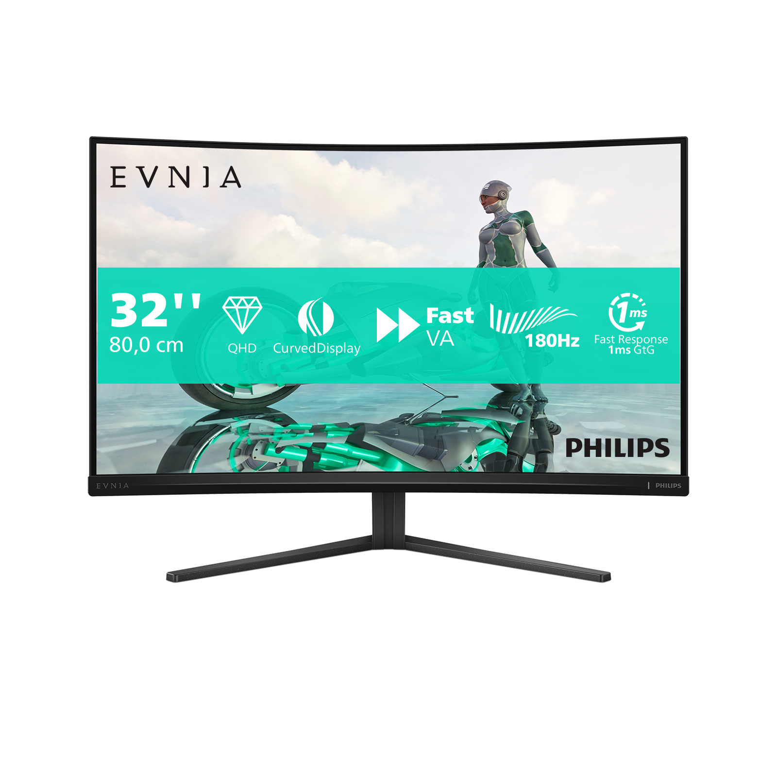 Zakrzywiony monitor z futurystycznym obrazem. Info: 32", QHD, 180Hz, Fast VA, 1ms. Czarna ramka i podstawa.