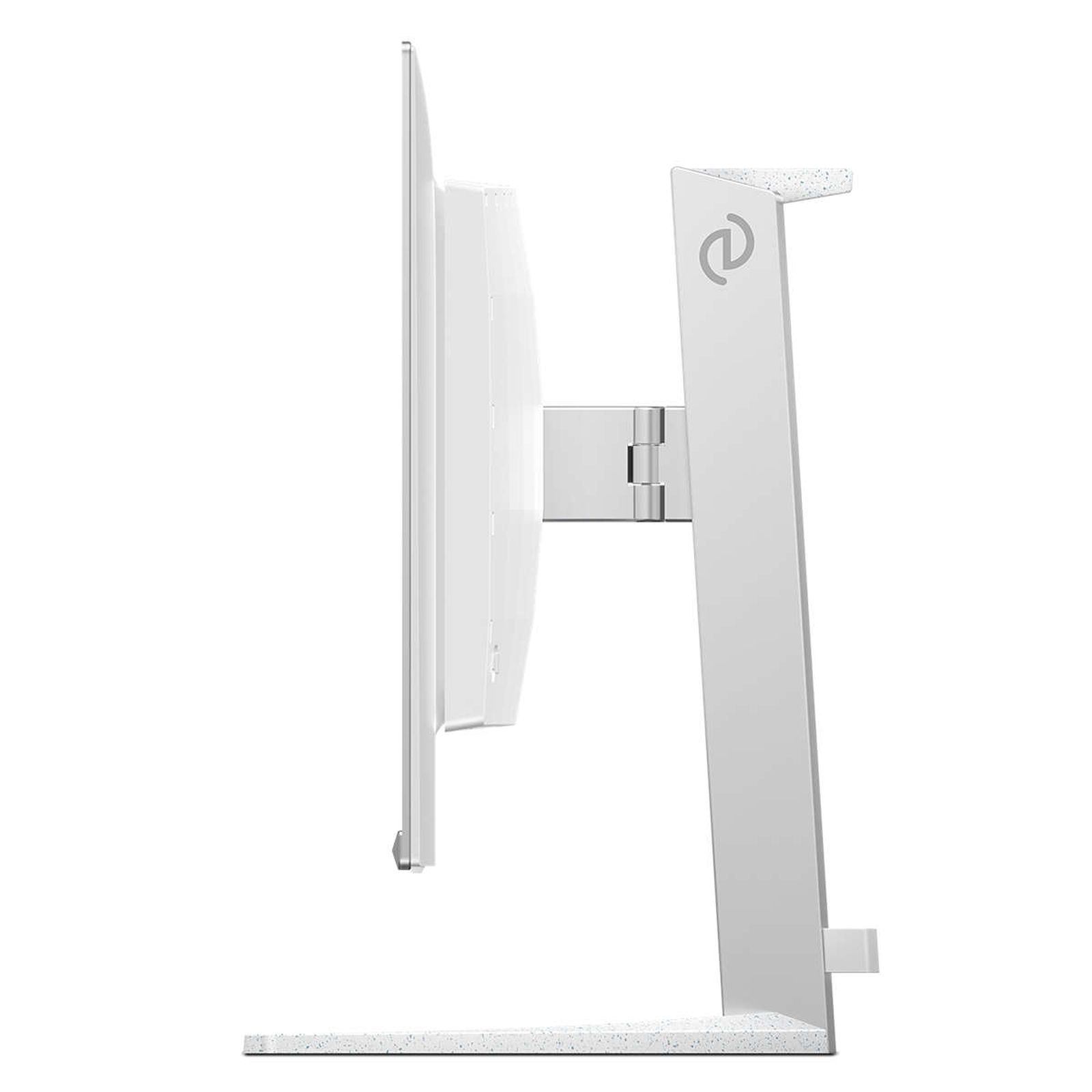 Biały monitor komputera z białą podstawką, widok z boku. Podstawka ma nakrapianą teksturę.