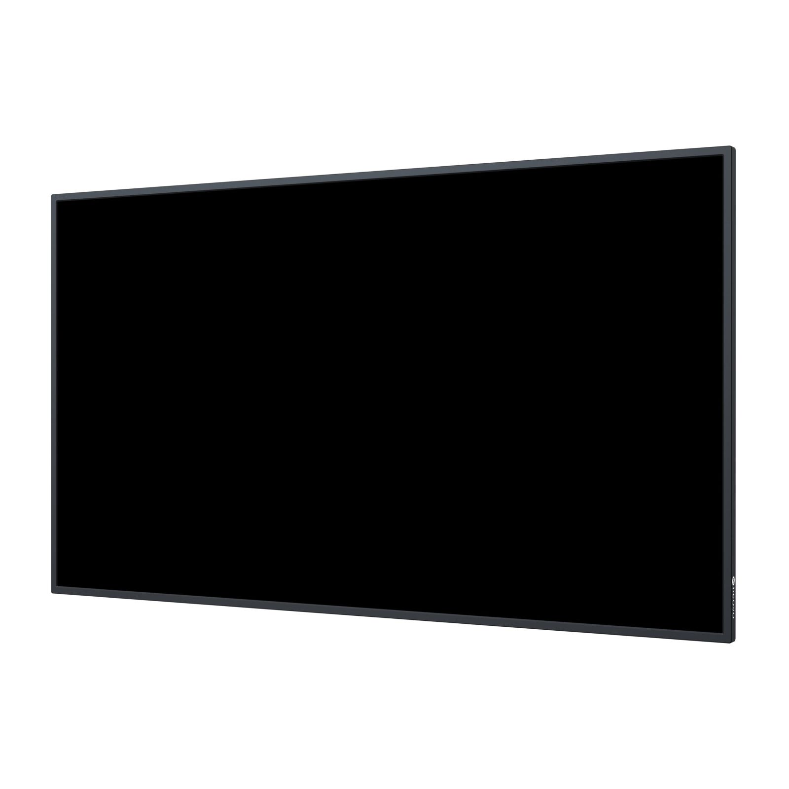 Duży, czarny, prostokątny ekran jest zamontowany na białej ścianie. Ekran ma ciemnoszarą ramkę.
