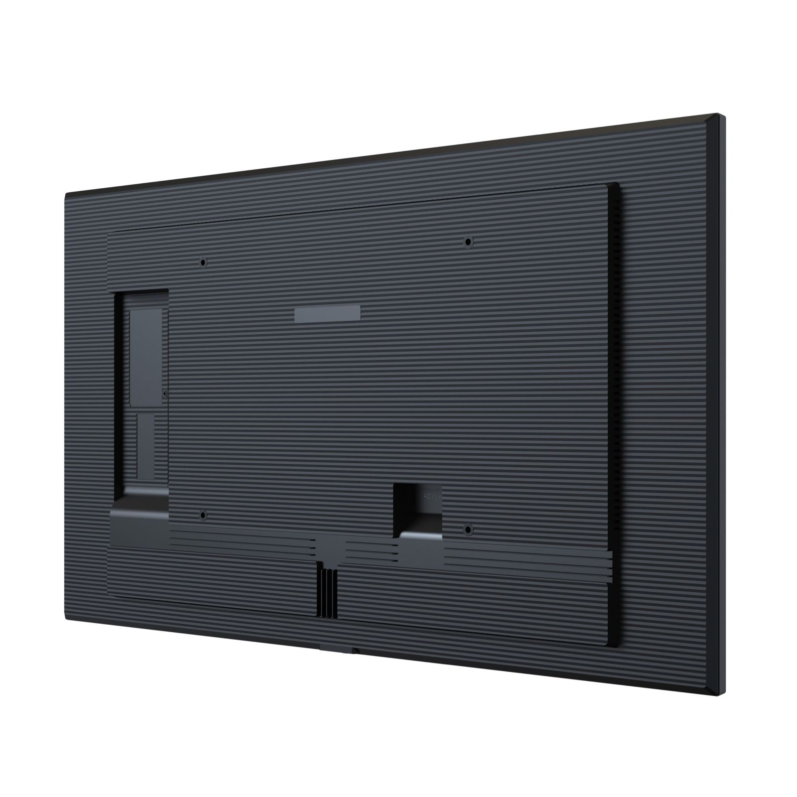 Widok z tyłu ciemnoszarego telewizora. Ma prążkowaną fakturę, z widocznymi portami i otworami z tyłu.