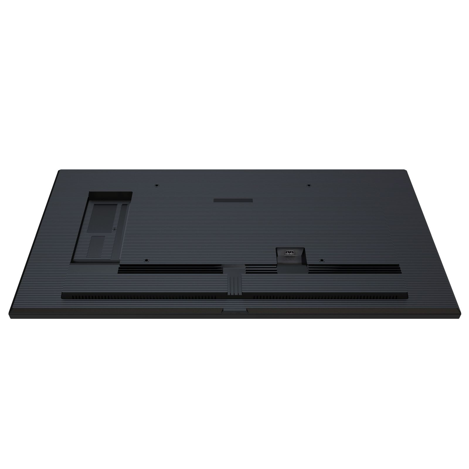 Pokazano tył czarnego monitora. Ma prążkowaną teksturę, z widocznymi portami i otworami wentylacyjnymi.